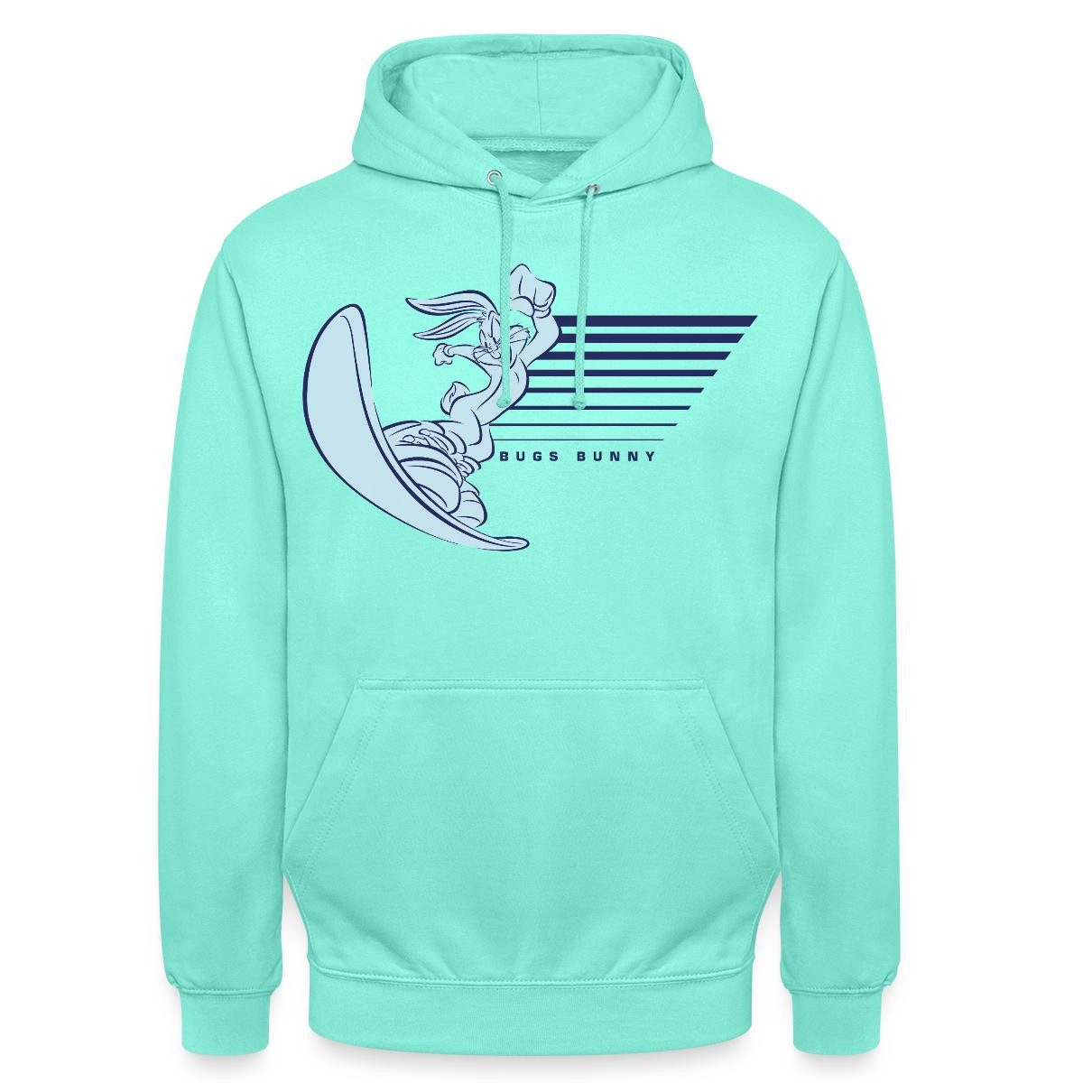 Spreadshirt Hoodie Looney Tunes Bugs Bunny Mit Snowboard Unisex Hoodie (1-tlg) Unisex-Schnitt: Sitzt bei Männern körpernah, bei Frauen weit