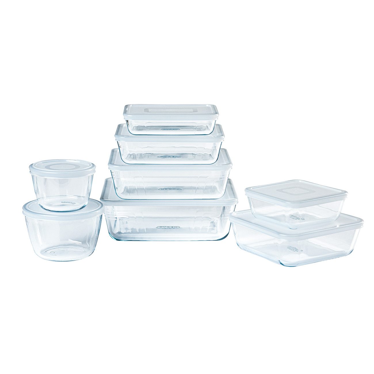 PYREX Frischhaltedose Cook & Freeze, Borosilikatglas, (Frischhaltedosen-Set, 8-tlg., rund, quadratisch & rechteckig, 0,6–4 l), luftdicht, mikrowellengeeignet, gefriergeeignet, Made in France
