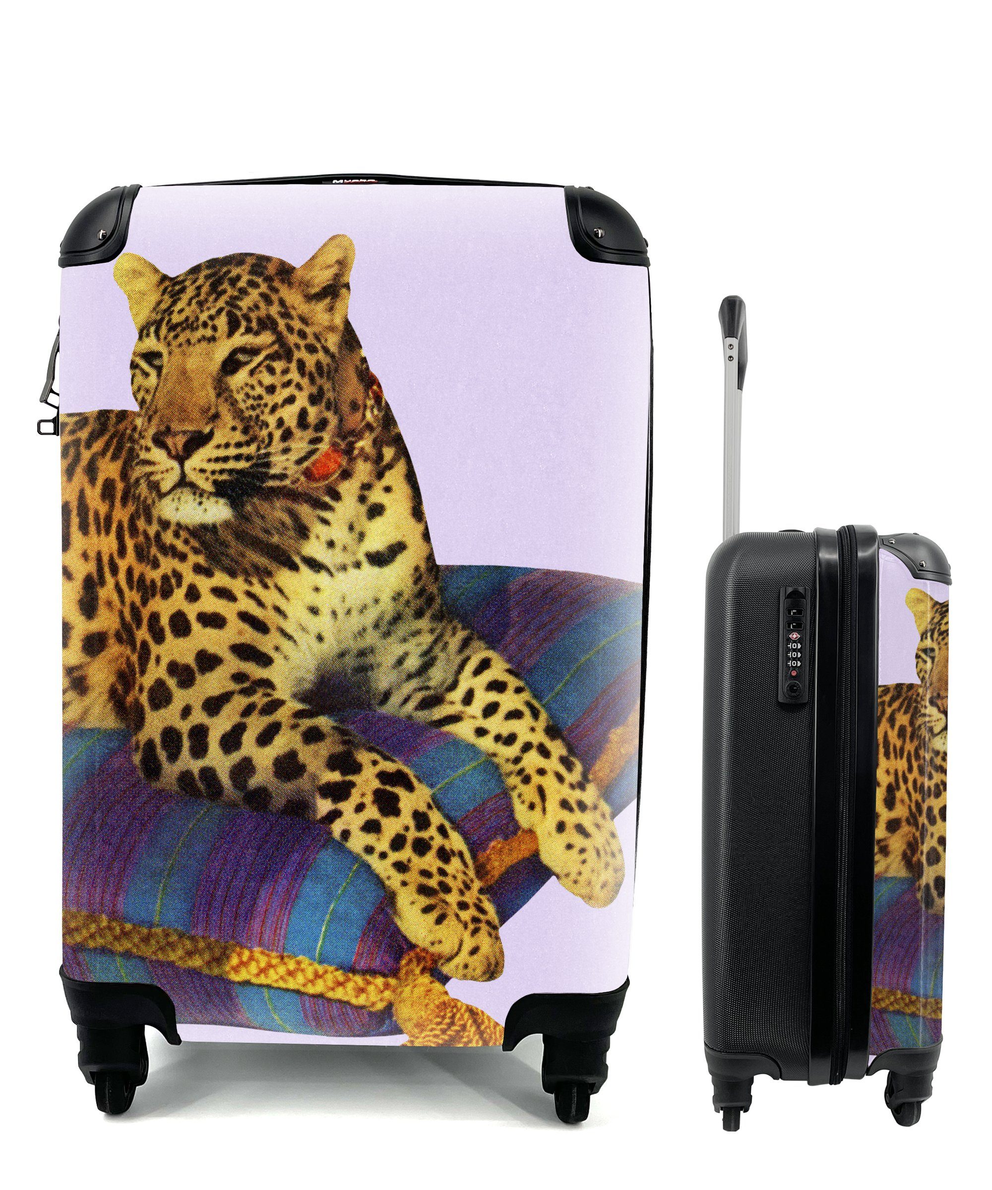 MuchoWow Handgepäckkoffer Eine Illustration eines Leoparden auf einem Kopfkissen, 4 Rollen, Reisetasche mit rollen, Handgepäck für Ferien, Trolley, Reisekoffer