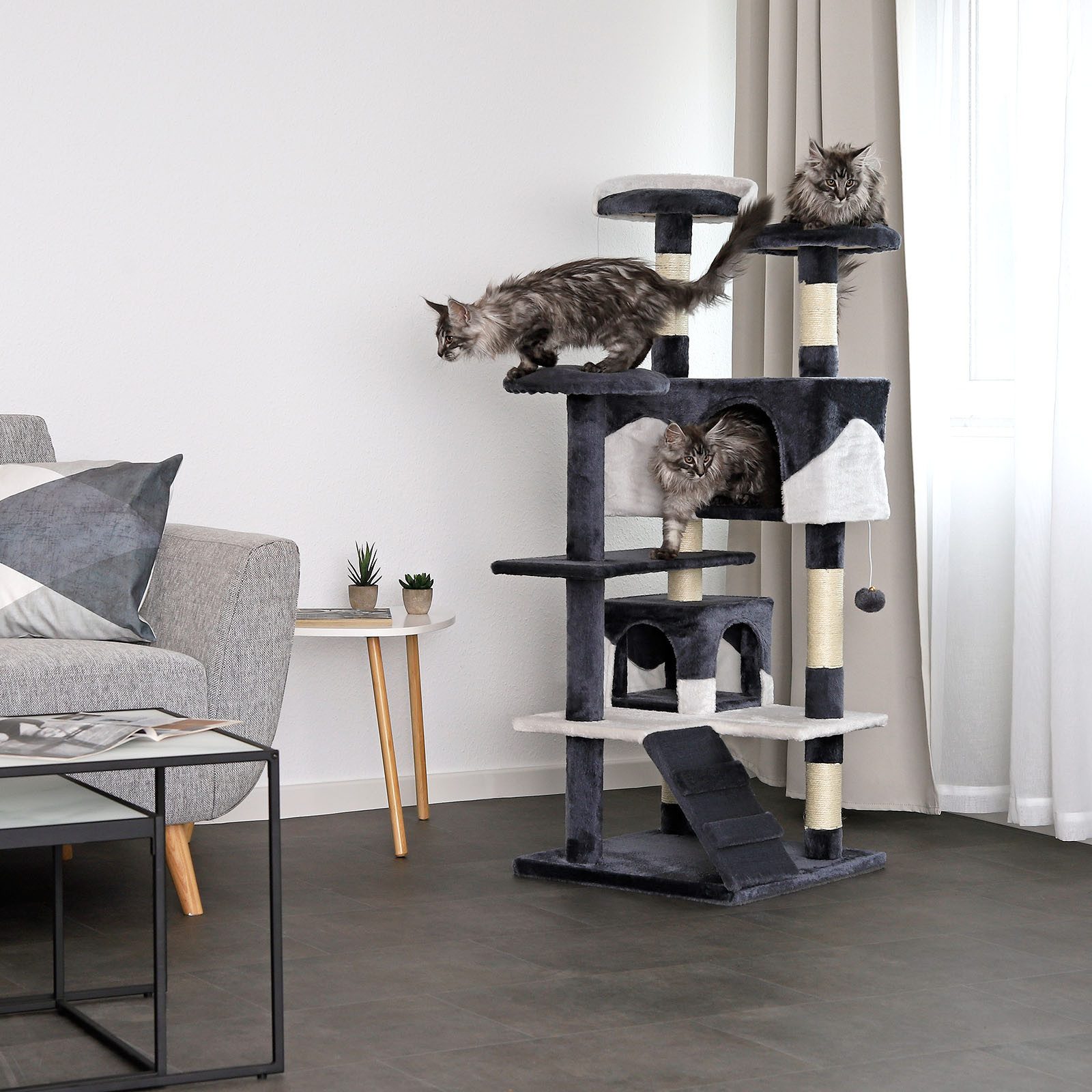 lionto Kratzbaum mit 2 Höhlen, Treppe, 3 Liegeflächen & Sisalstämmen, grau/weiß, 130 cm großer Kratz- & Spielbaum für Entdecker