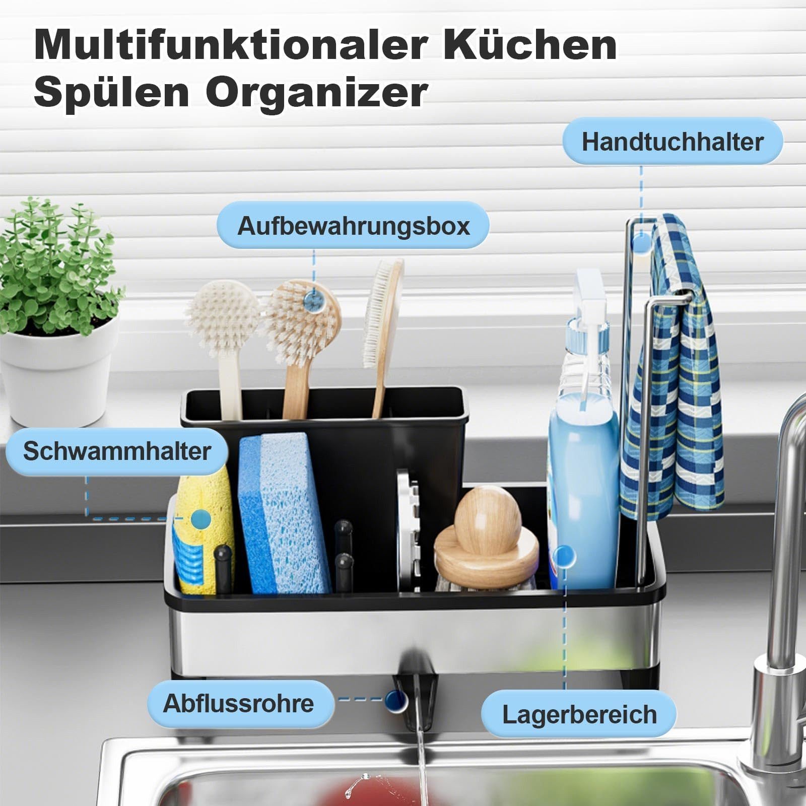 BlingBin Küchenorganizer-Set Spülbecken-Organizer Schwammhalter mit Automatischer Entwässerung, (360° Drehbar Abflussrohr, 1-tlg., 24.5*12.5*21.5CM), Aufbewahrung für Bürsten, Spülmittel, Küchenutensilien