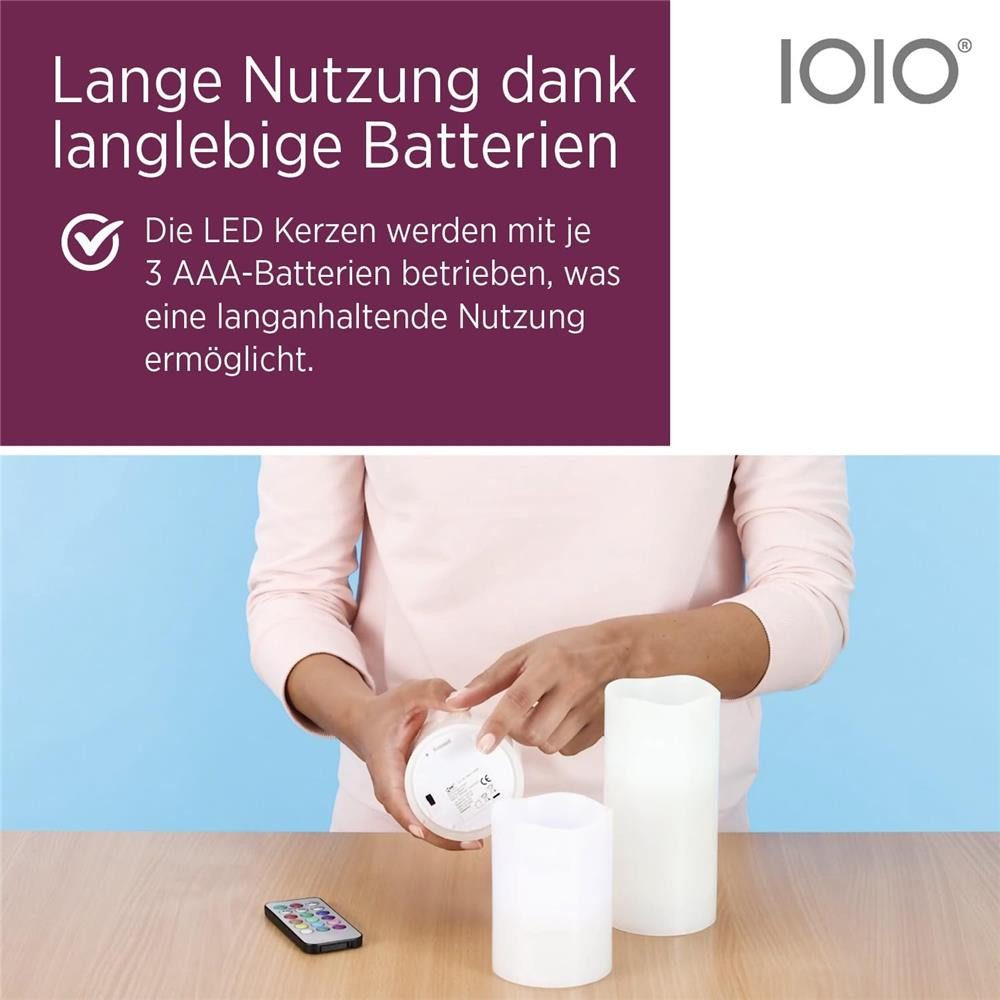 IOIO LED-Kerze 3er LED Echtwachs Kerzen Set Fernbedienung RGB Farbwechsel Timer, Wachskerze Rußfrei flackernde Flamme Batterie Stumpenkerzen – Bild 4 von 5