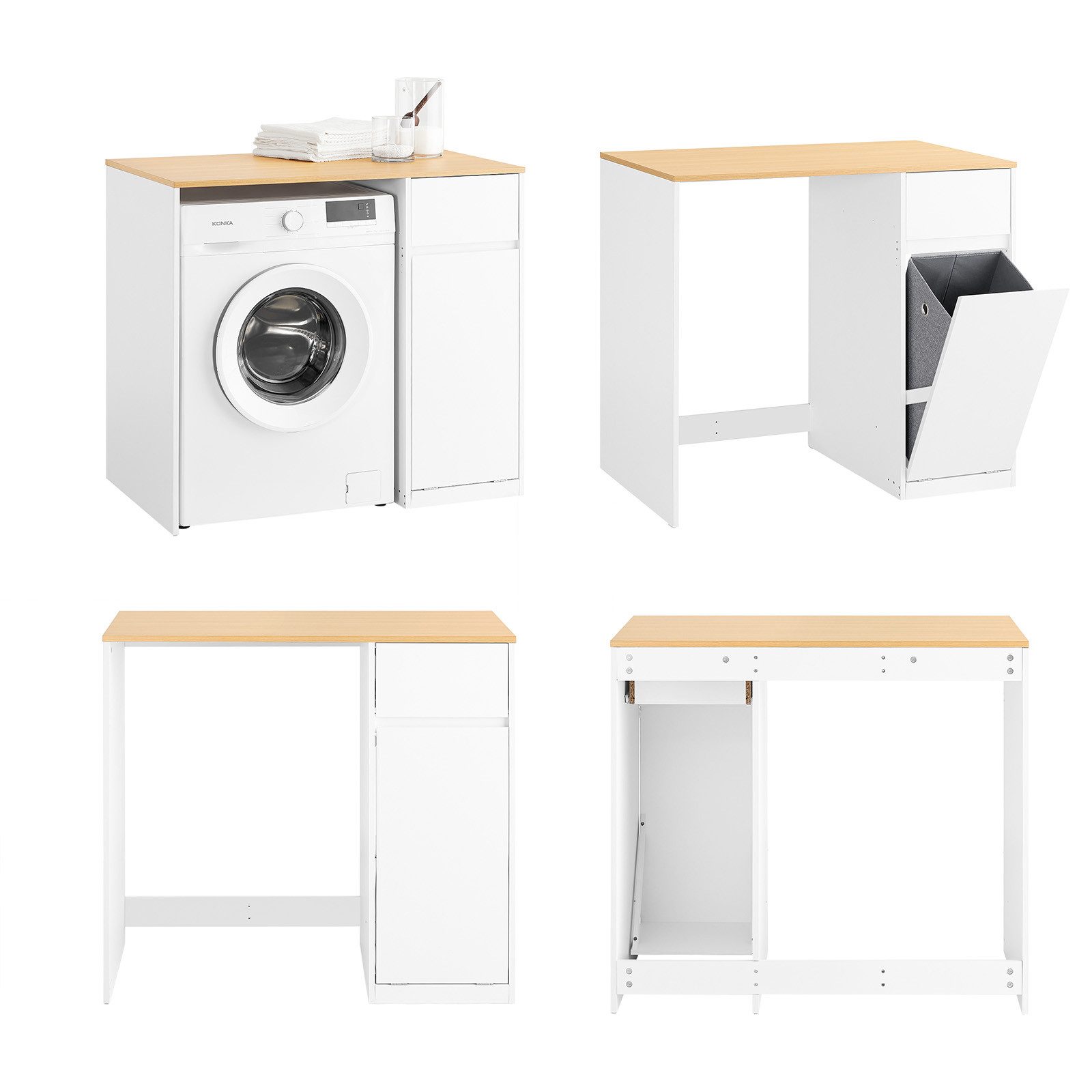 SoBuy Waschmaschinenumbauschrank BZR217, Badezimmerschrank mit Wäschekorb, Waschmaschinenregal Waschmaschinenschrank mit Schublade, Badkommode Waschmaschine Trockner