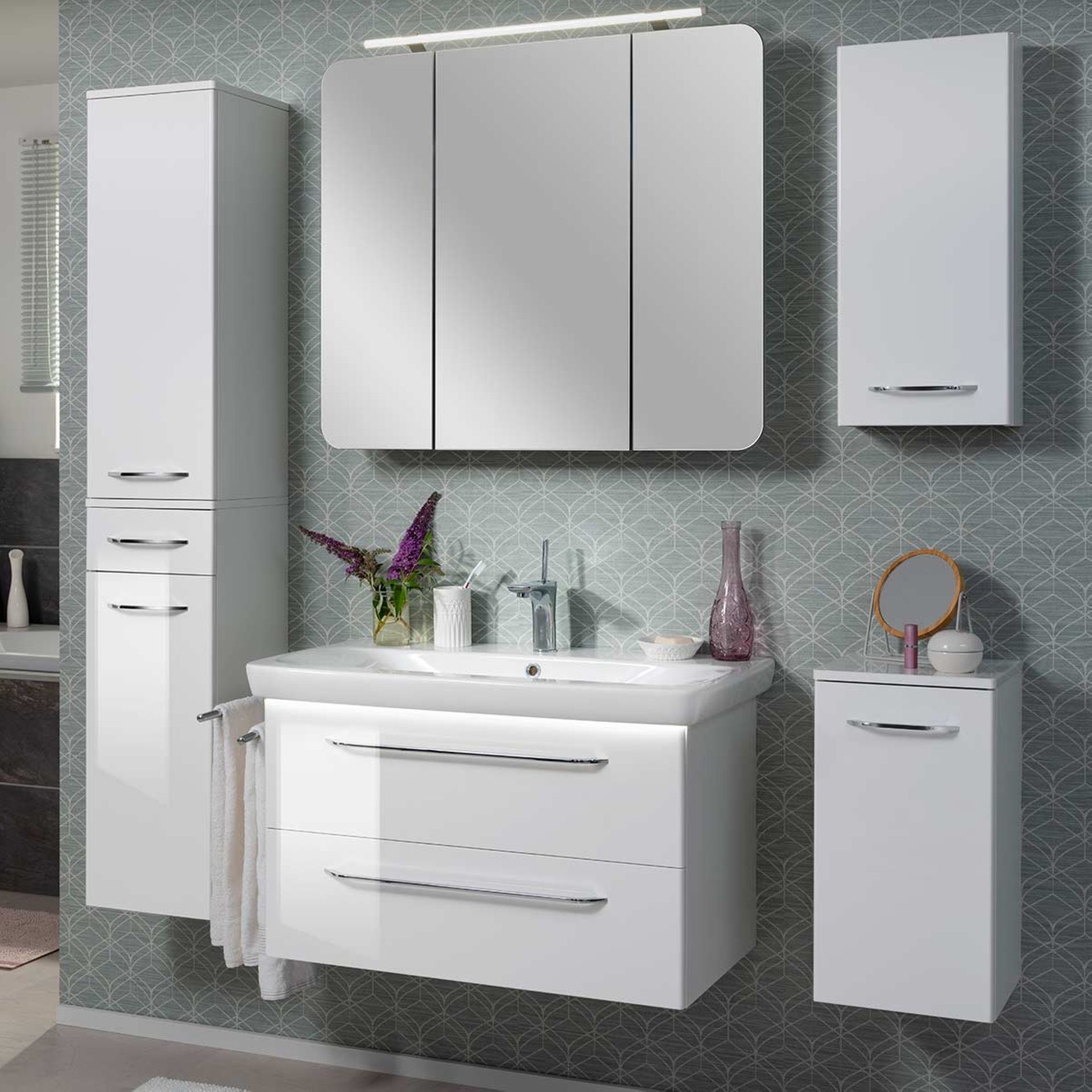 FACKELMANN Badmöbel-Set MILANO Badmöbel Set 6-teilig, 80 cm, Spiegelschrank + 3 Badschränke