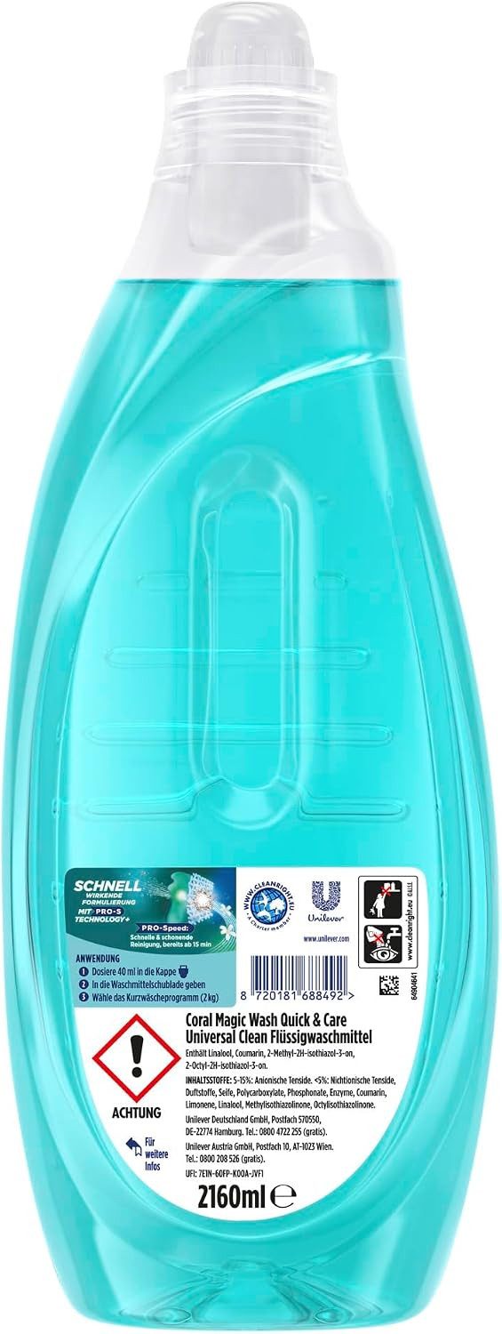Coral 1x Coral Magic Wash Quick & Care Waschmittel Universal Clean 54 WL Vollwaschmittel (1-St. 15 Minuten Kurzwäsche, gründliche Reinigung, frischer Premium-Duft)