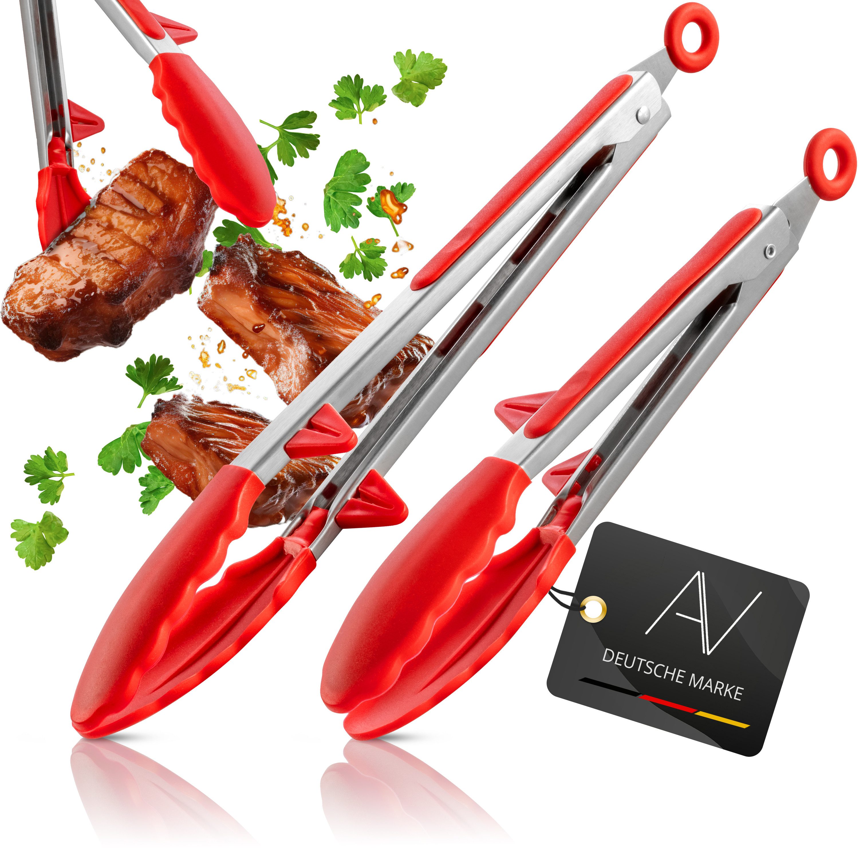 AVANA Kochzange Edelstahl Küchenzange Silikon Grillzange Zange Kochen Mehrzweckzange, mit integriertem Standfuß, 2er Set