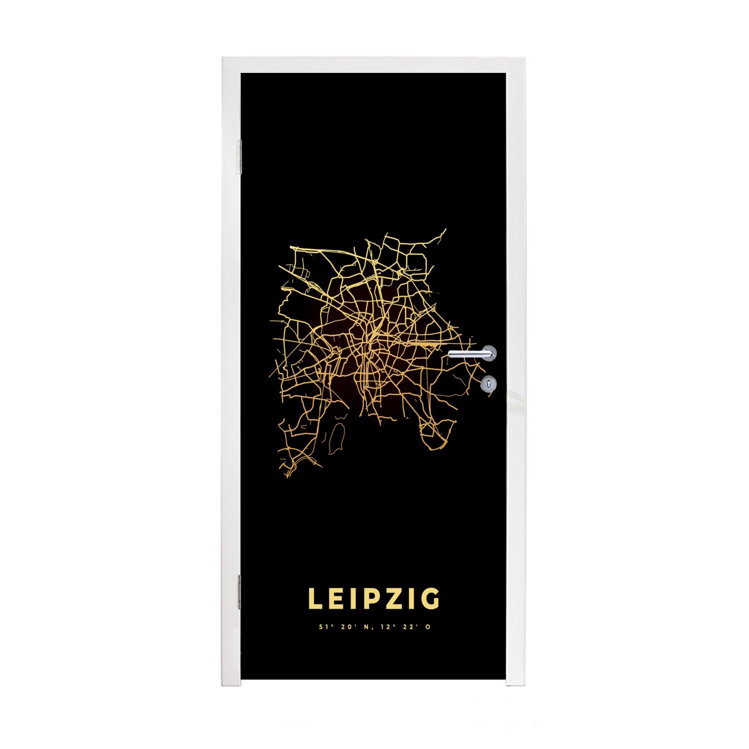 MuchoWow Türtapete Leipzig - Gold - Karte - Stadtplan, Matt, bedruckt, (1 St), Fototapete für Tür, Türaufkleber, 75x205 cm