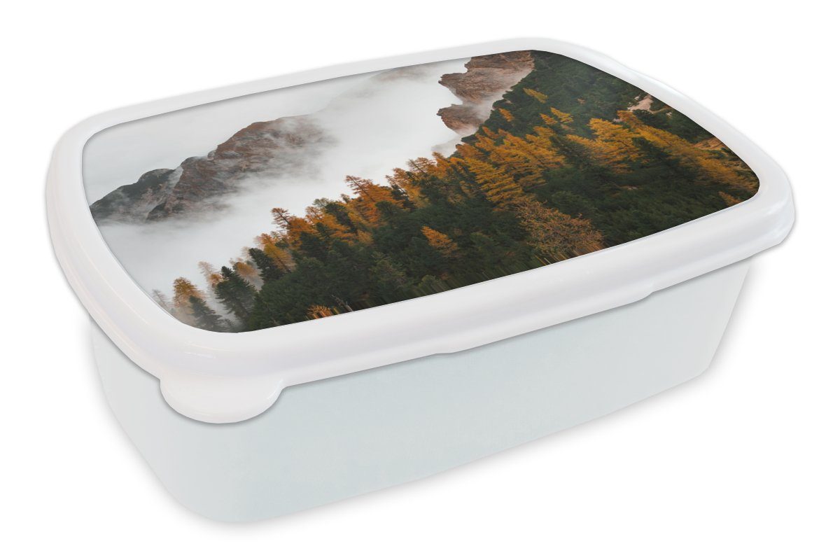 MuchoWow Lunchbox Kiefer - Herbst - Berg - Landschaft, Kunststoff, (2-tlg), Brotbox für Kinder und Erwachsene, Brotdose, für Jungs und Mädchen weiß