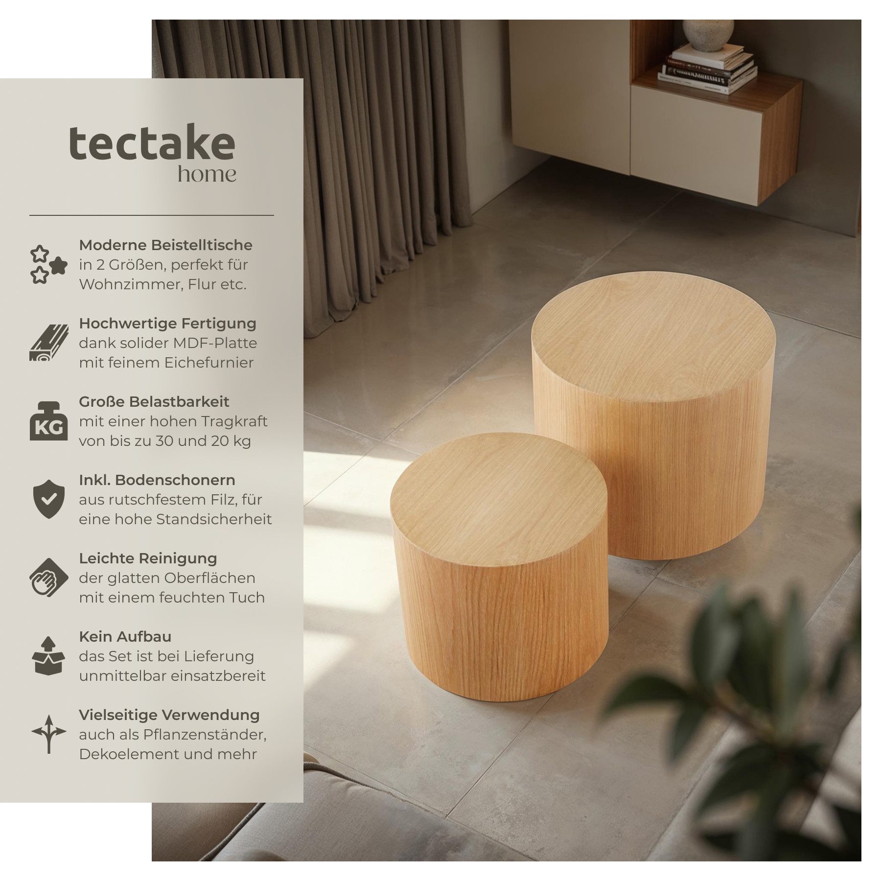 tectake Couchtisch Beistelltisch 2er Set Danny rund, in Eichenoptik, pflege günstig online kaufen