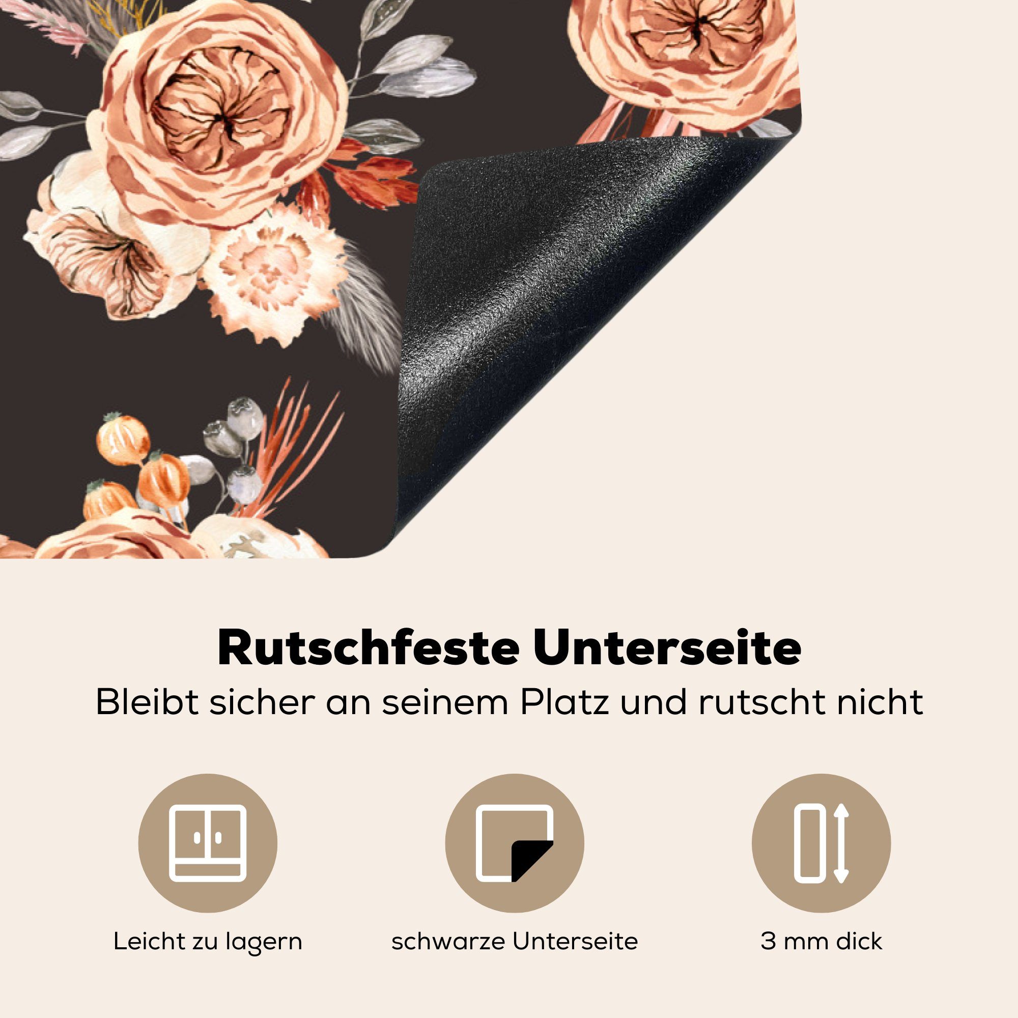 Vinyl, die - 81x52 - küche, Muster, Schutz Schwarz Induktionskochfeld für Herdblende-/Abdeckplatte Blumen tlg), cm, (1 MuchoWow Ceranfeldabdeckung