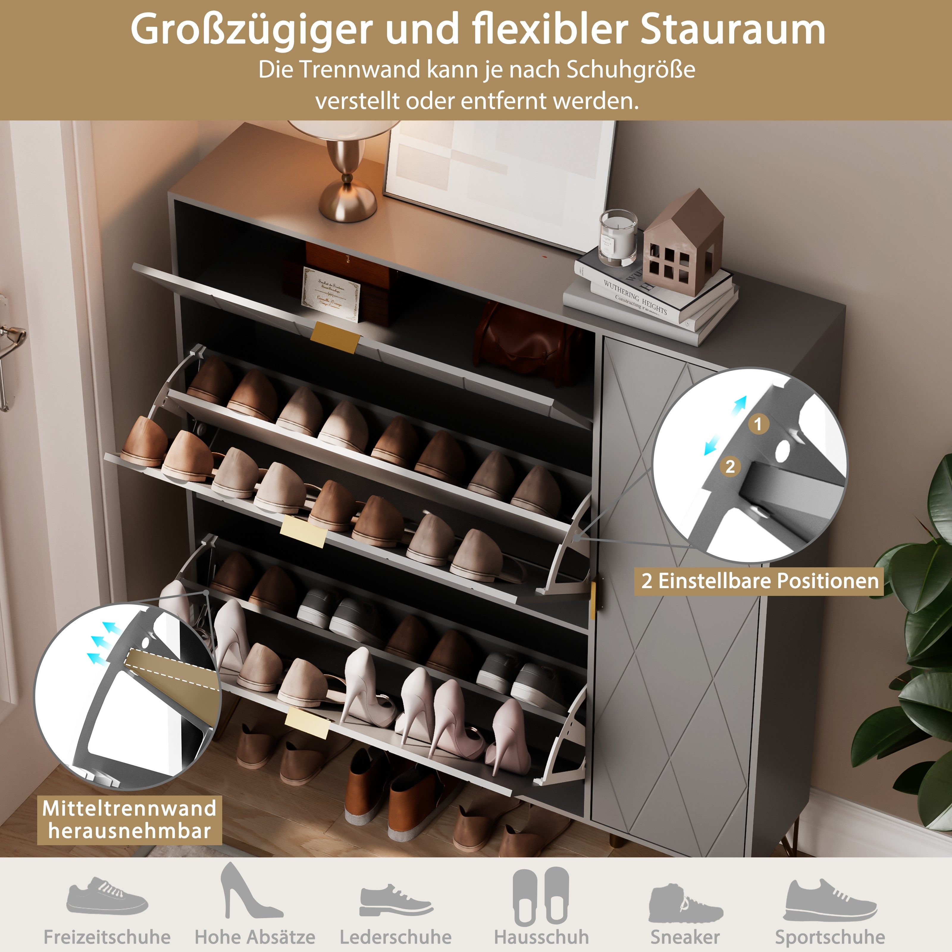 UEV Schuhschrank mit 4 Klappen schmal Schuhkipper Schuhregal (105x24x120cm) verstellbare und herausnehmbare Trennwände für verschiedene Schuhtypen – Bild 5 von 5