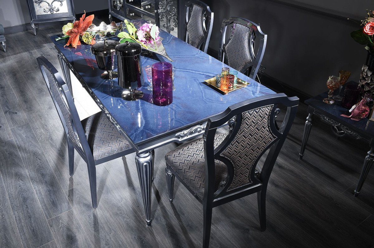 Casa Padrino Esszimmerstuhl Luxus Barock Esszimmer Stuhl Set Silber / Blau 54 x 53 x H. 109 cm - Edles Küchen Stühle 6er Set - Barock Esszimmer Möbel