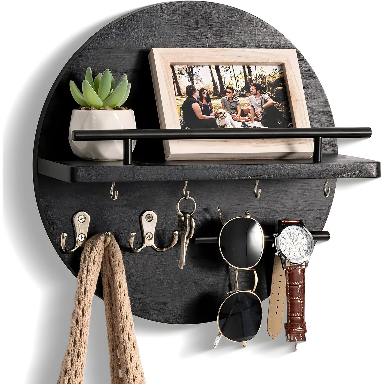HEYHIPPO Schlüsselbrett Rundes Wandregal mit Ablage, Haken&Schutzbügel, für Flur&Bad, schwarz, (Schlüsselhalter aus Holz mit Postablage – Wandmontage, platzsparend), Wand-Organizer, 11.8 x 3.5cm, 9 kg Traglast, für Schlüssel & Post