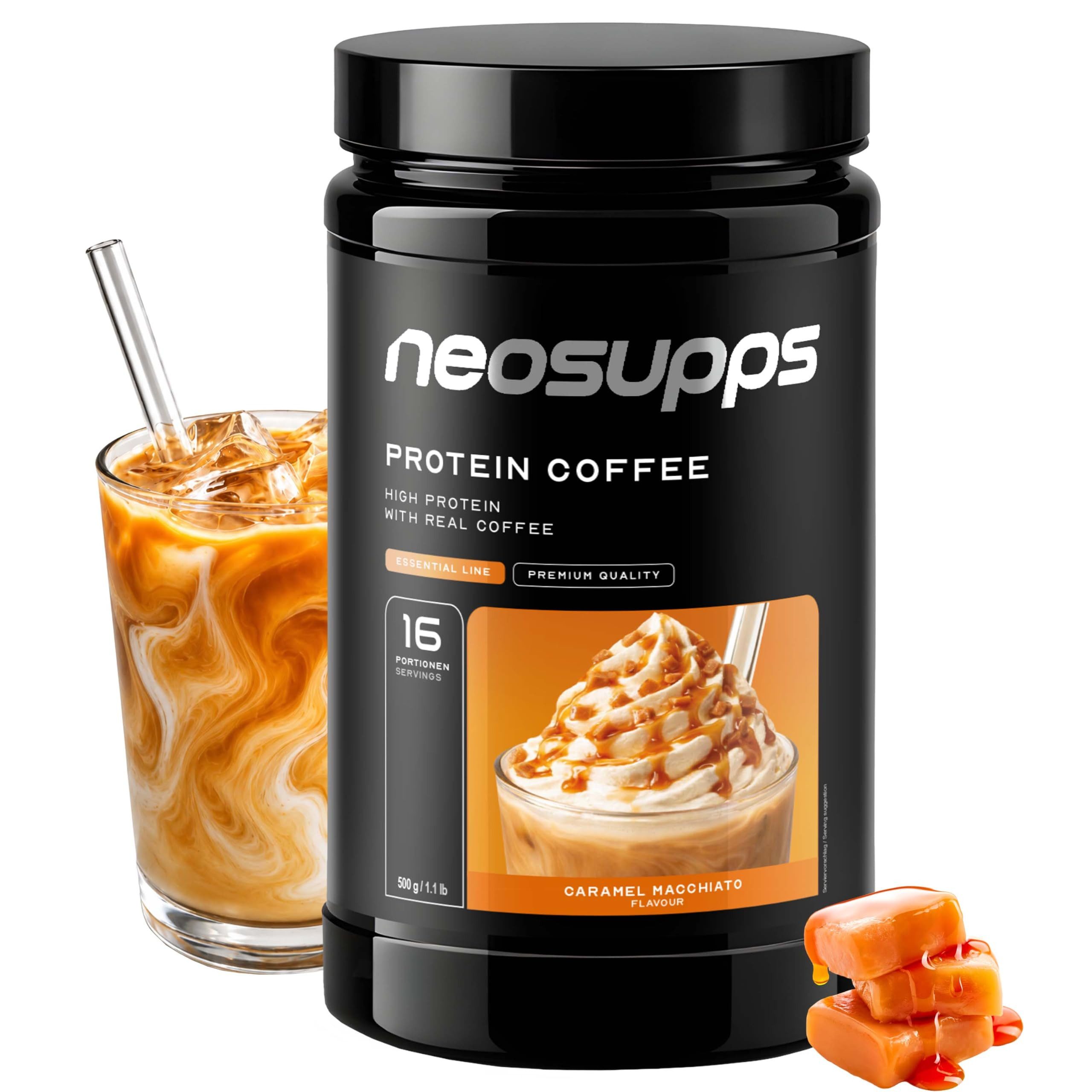 Neosupps Protein Iced Coffee Caramel Macchiato 500g, Eiweißkaffee, 20g Protein Pulver, 500 g, 80mg Koffein pro Portion, Low Sugar Protein Drink mit Kaffee