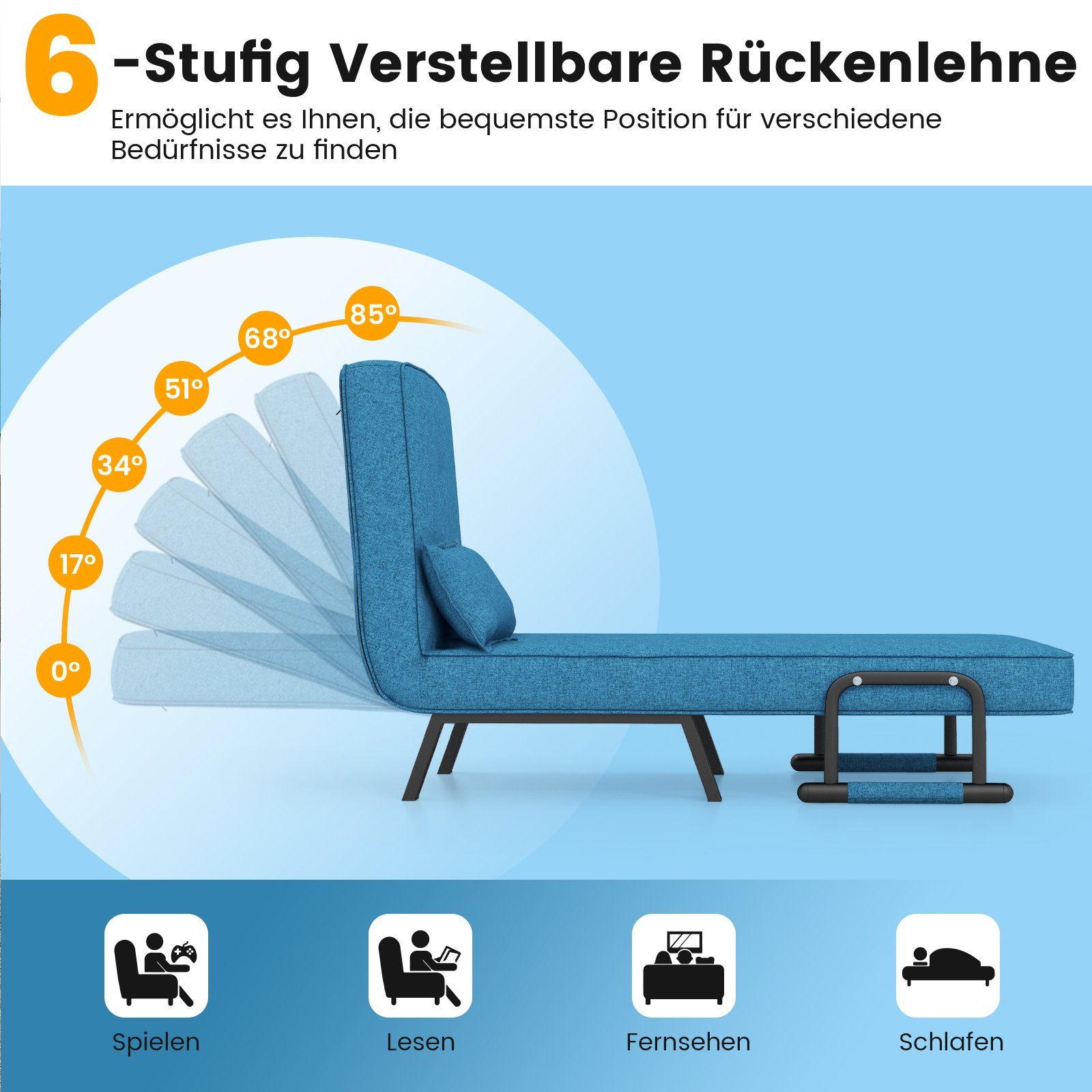 verstellbarer kg Schlafsofa, Blau klappbar, mit 150 COSTWAY in 1, Rückenlehne, 4