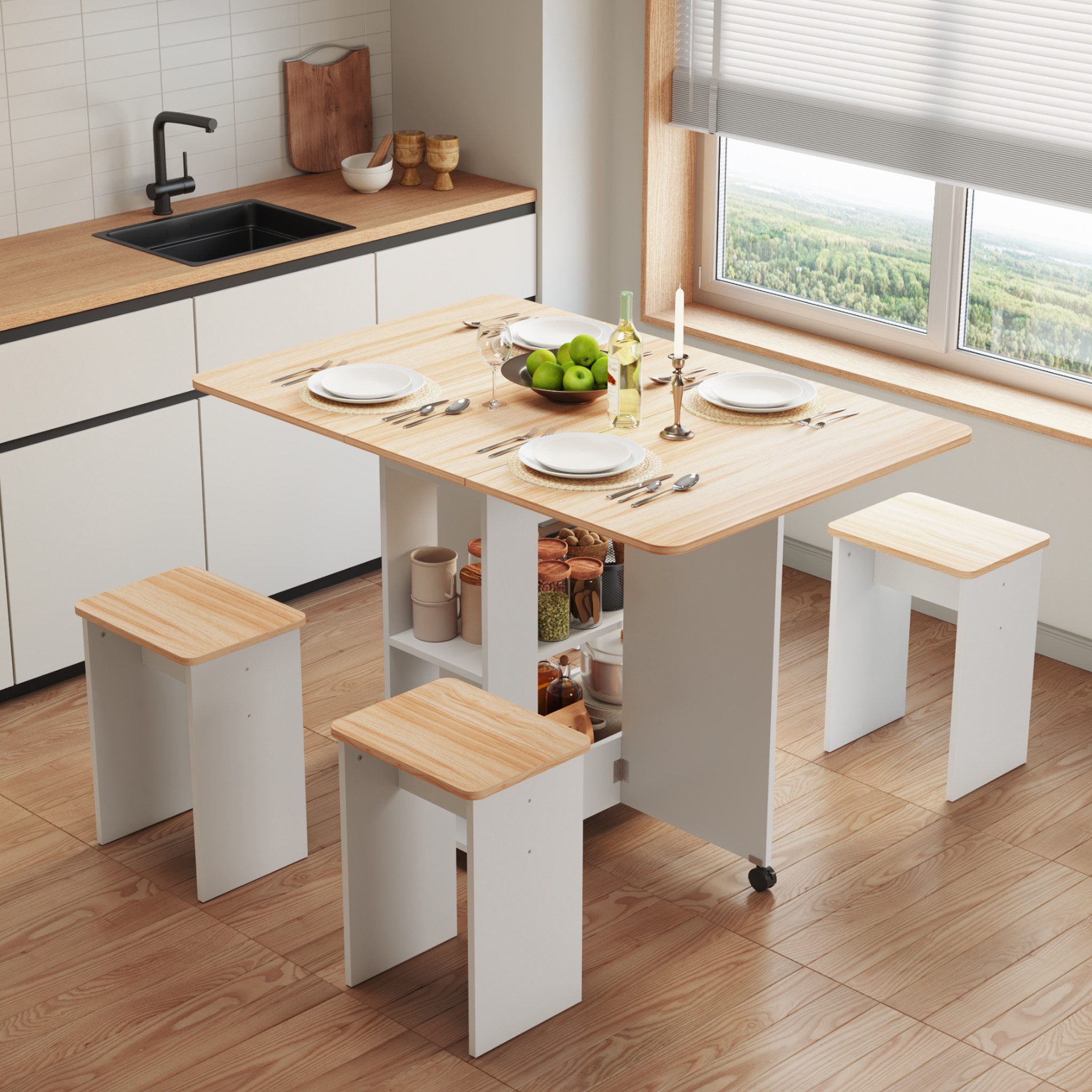 Mondeer Essgruppe Esstisch mit 4 Hockern, Platzsparend, 3-in-1-Funktion, Ro günstig online kaufen