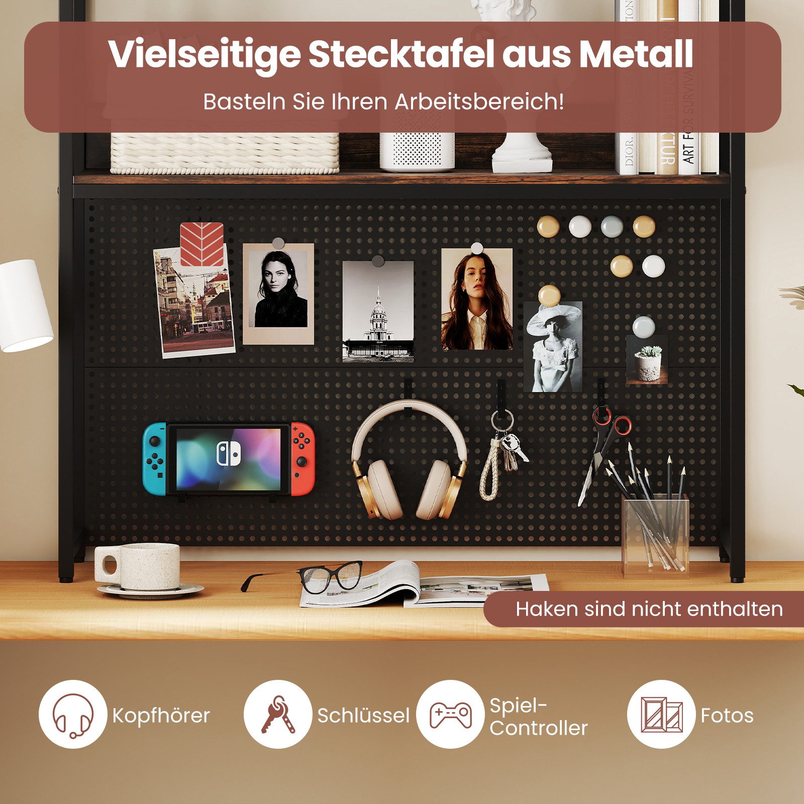 COSTWAY Bücherregal, Schreibtischaufsatz Tischregal mit Stecktafel 94x27x103cm