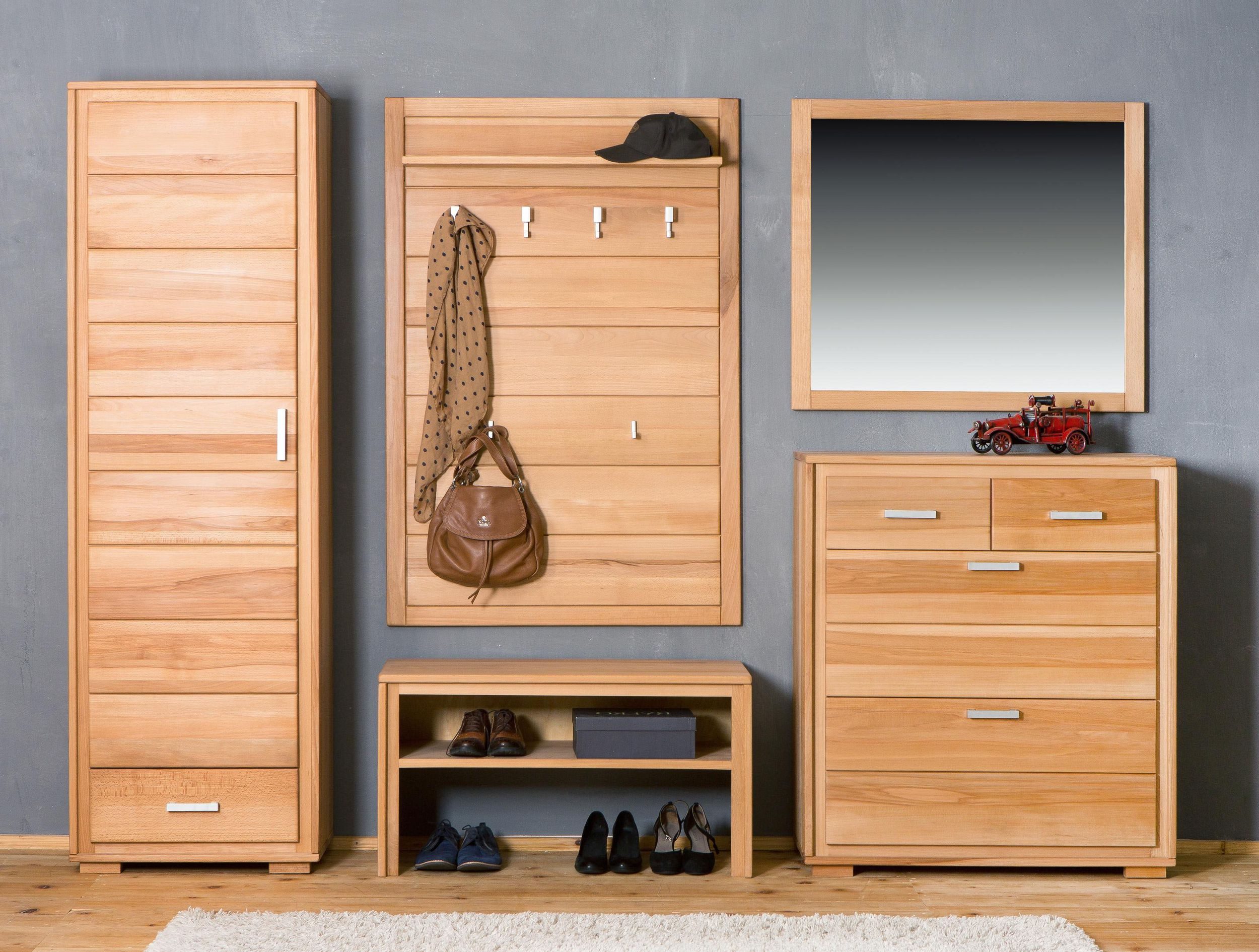Trendmöbel24 Garderoben-Set Garderoben Set Genf I Kernbuche Massivholz geölt/gewachst 5-teilig, (Komplett-Set, 5-St., Schuhschrank, Dielenschrank, Garderobenbank, Garderobenpaneel, Spiegel)