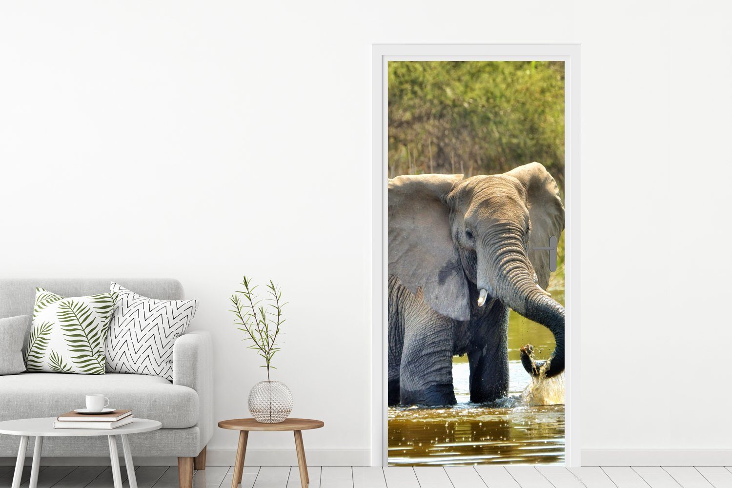 MuchoWow Tür, cm - bedruckt, - - (1 Matt, Elefant Wasser Türtapete Natur, Türaufkleber, St), für 75x205 Tiere Fototapete