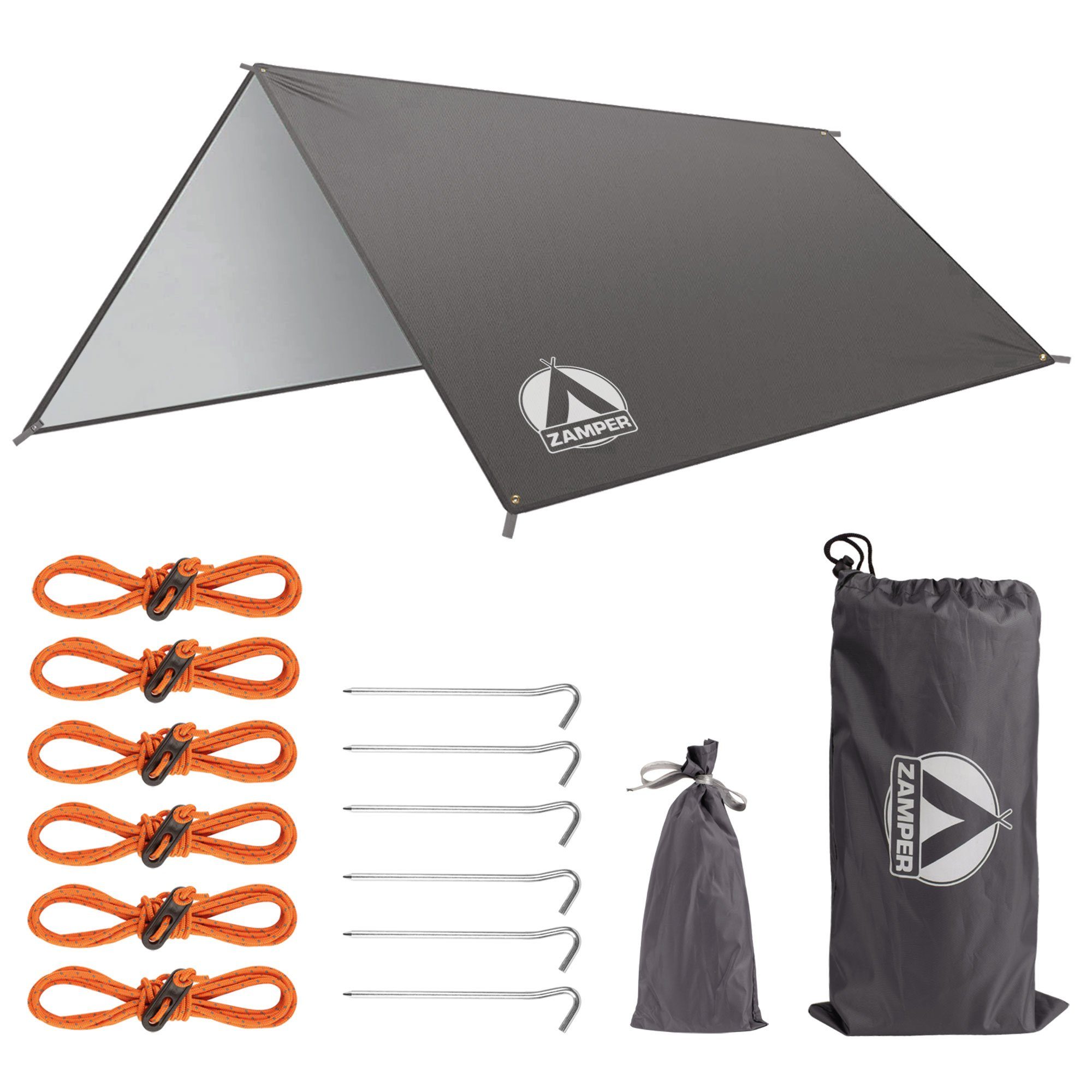 Zamper Tarp-Zelt Tarp Zeltplane 3x3m Wasserdicht – Camping Sonnensegel für Sonnenschutz, Personen: 2 (Zelt-Planen Set mit 6 Heringen und Abspannseilen), Wasserd – Bild 2 von 5