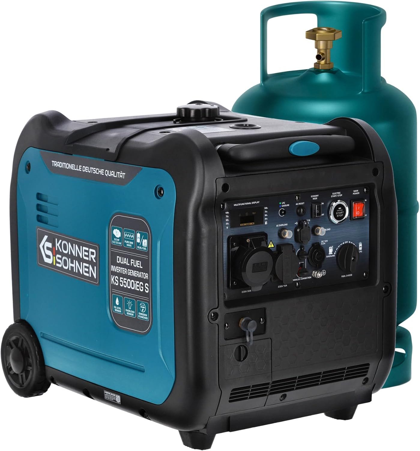 Könner & Söhnen Генераторы KS 5500iEG S, 5,50 in kW, (Schallgedämmtes Gehäuse (66 dB Lpa 7 m), ECO-Modus, 1-tlg., Schuko-Steckdose 230 V, CEE-Steckdose 230V 32A), Kurzschluss- und Überlastschutz, Abgasnorm EURO V