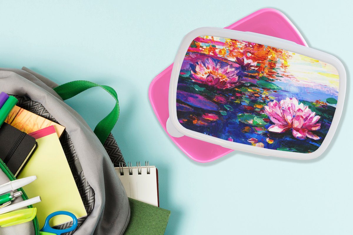 MuchoWow Lunchbox Kunststoff, Öl Erwachsene, - Kunststoff Gemälde rosa Wasser, - (2-tlg), Mädchen, - Kinder, Snackbox, für Brotbox Seerose Brotdose