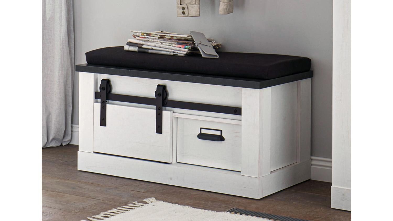 Möbel Akut Sitzbank Bank Sherwood 79 Pinie weiß und anthrazit mit Sitzkissen 93 cm