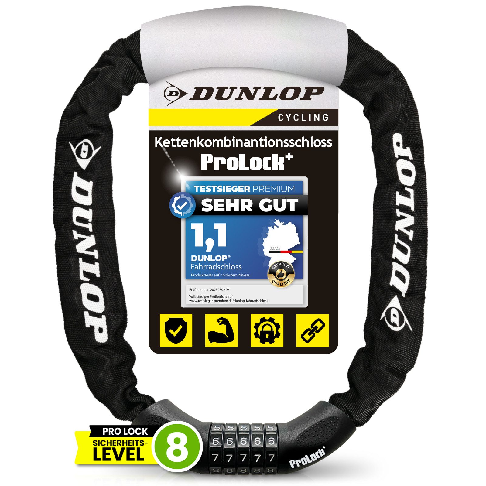 Dunlop Zahlenkettenschloss Fahrradschloss mit 5er Zahlencode Zahlenschloss Hohe Sicherheit 100 cm, verstärkter Stahl -Textilummantelung mit UV-Schutz