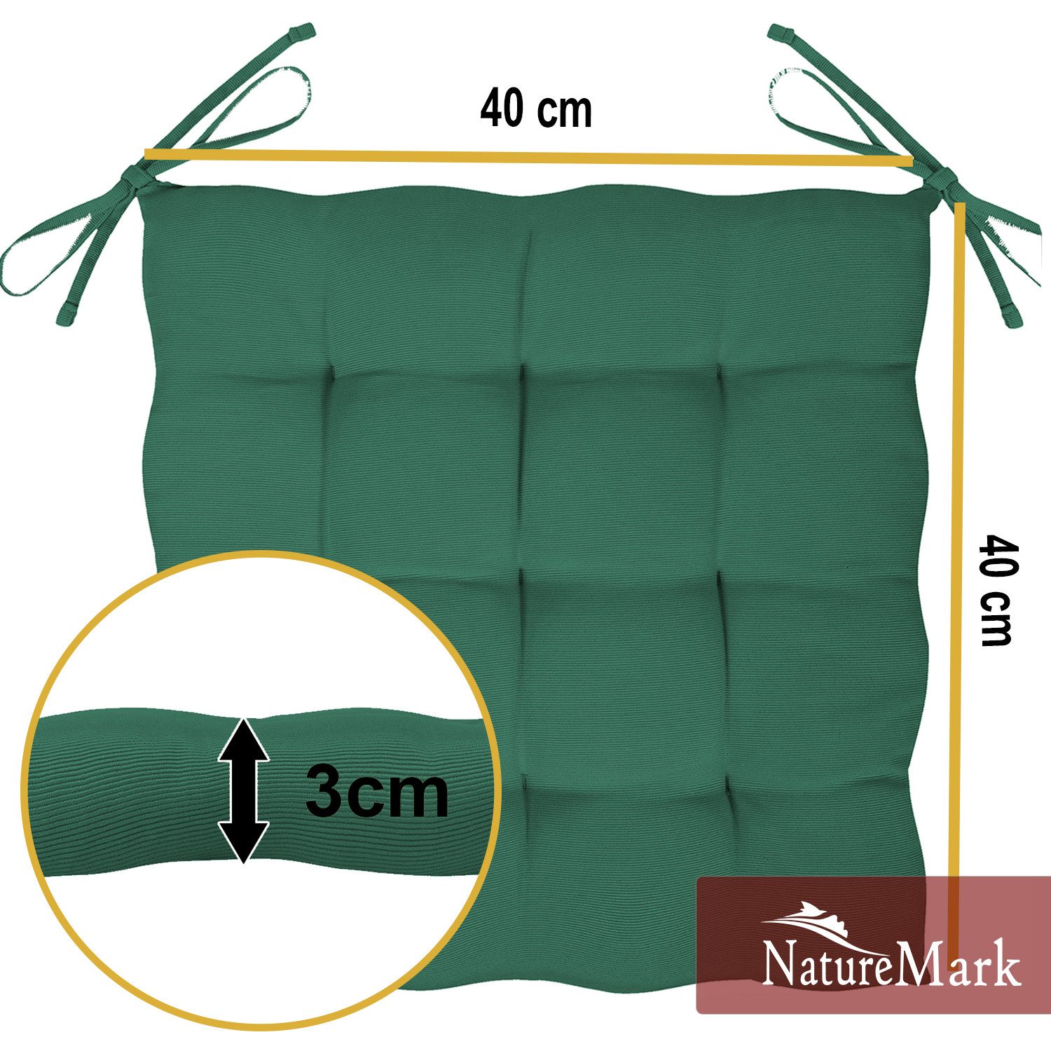 NatureMark Sitzkissen 4er-Set Stuhlkissen 40x40cm mit Bändern, Sitzpolster Kissen 4er Pack, schadstoffgeprüft, Dunkel grün