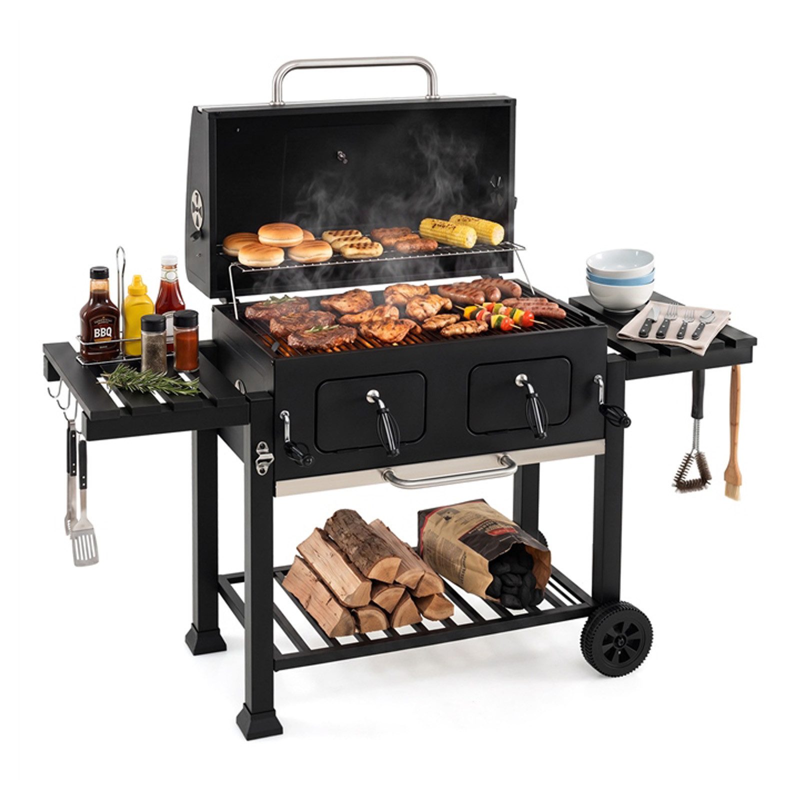 KOMFOTTEU Holzkohlegrill, mobiler Außengrill mit 2 Seitentischen, Rädern