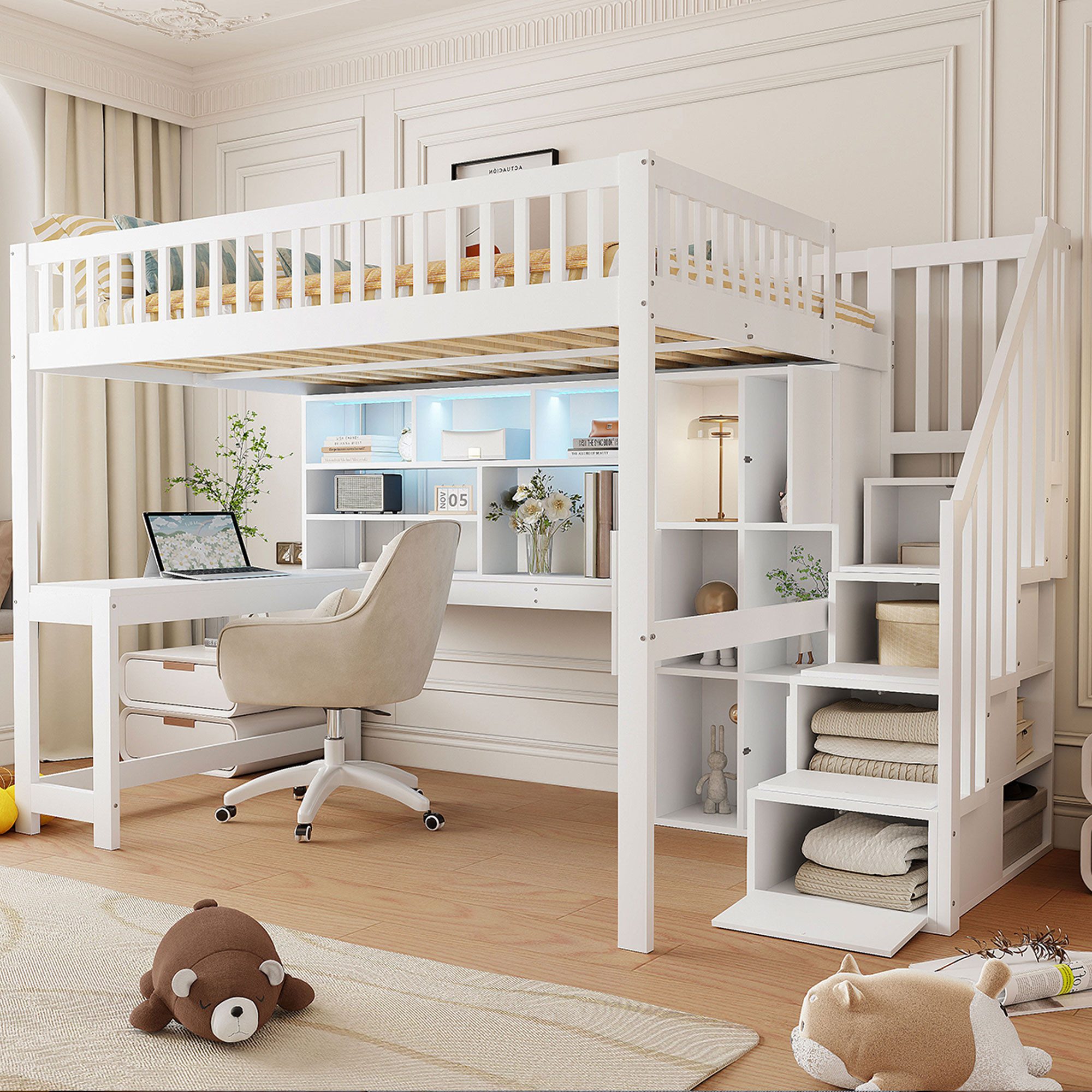 OKWISH Kinderbett Hochbett (mit LED-Leuchten, Ablageleiter günstig online kaufen