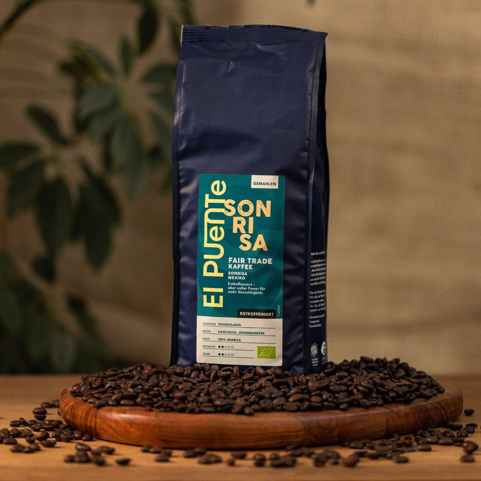 El Puente Kaffee Sonrisa - Bio-Kaffee gemahlen 500 g entkoffeiniert, Fair Trade, Bio, Handmade