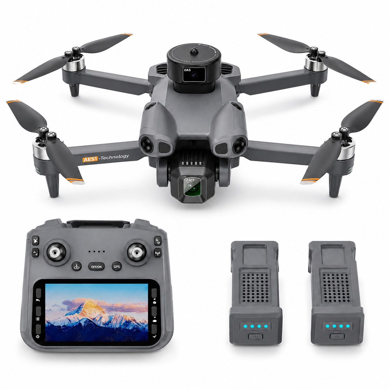 Goldstern-Tech RC-Quadrocopter AE51 (mit HD-Kamera, 4,5-Zoll-Display-Fernsteuerung), Hinderniserkennung, Return-to-Home, bis 50 min Flugzeit