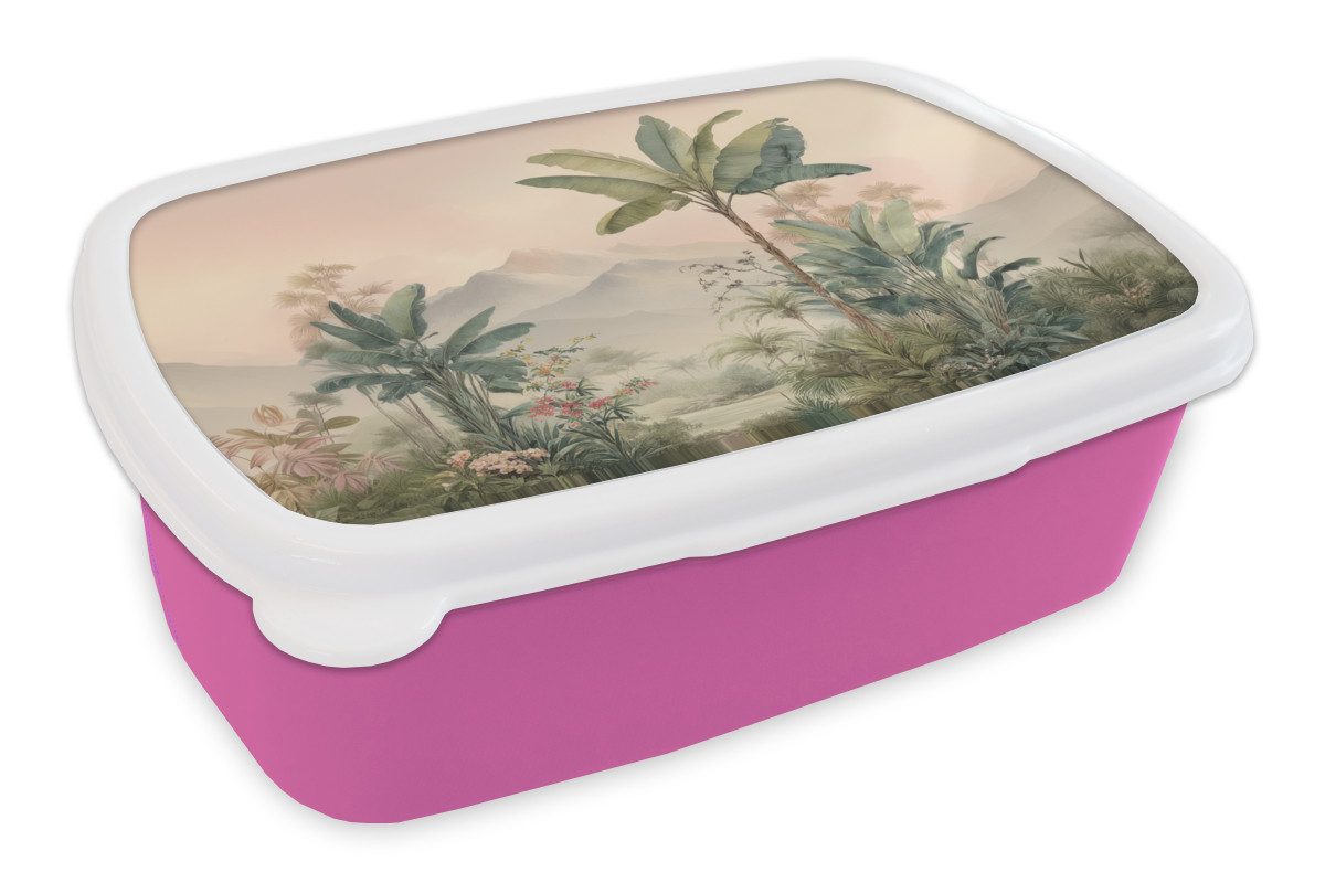 MuchoWow Lunchbox Tropische Landschaft - Palmen - Blumen - Rosa Himmel, Kunststoff, (2-tlg), Brotdosen, Lunch Box, Brotbox für Kinder und Erwachsene