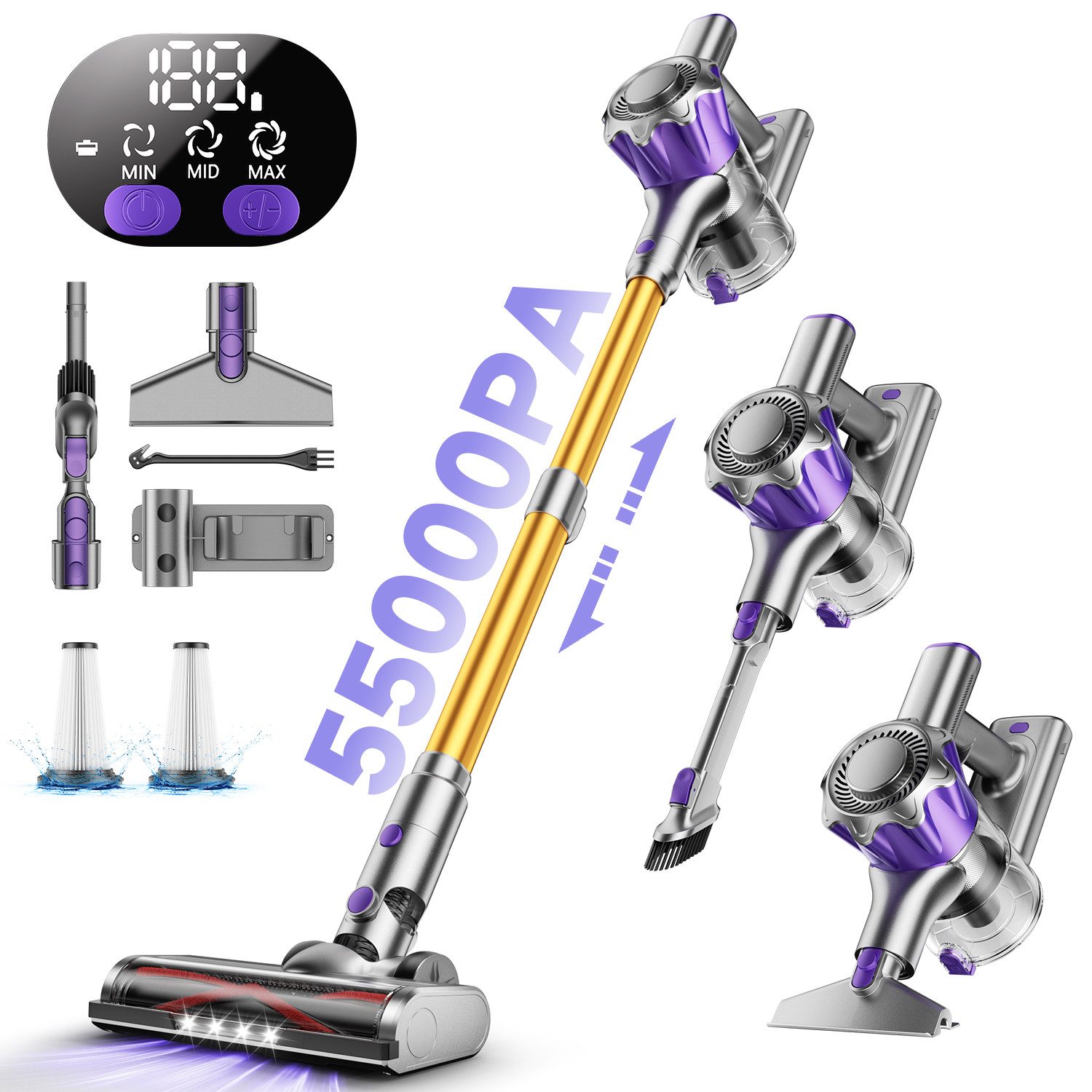 AeroAxis Akku-Hand-und Stielstaubsauger Akku Staubsauger Kabellos 55000pa/ 500W/ 50min Laufzeit für Tierhaare, 500 W, beutellos, Kabellos nutzbar,LED-Anzeige,Wandhalterung für platzsparende Lagerung