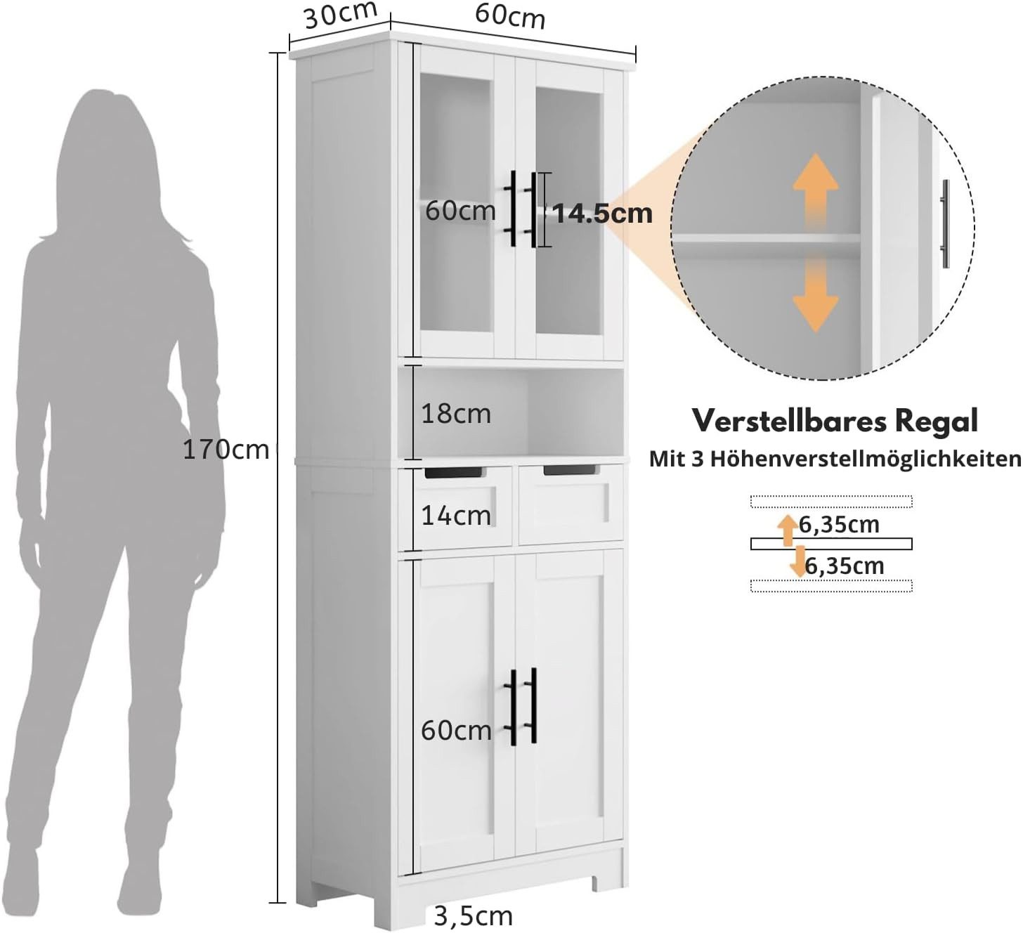 Karlhome Hochschrank Küchenschrank, Vorratsschrank mit 4 Türen und 2 Schubladen, Weiß (1-St) Schmaler Lagerschrank & Mehrzweckschrank, 60 x 30 x 170 cm