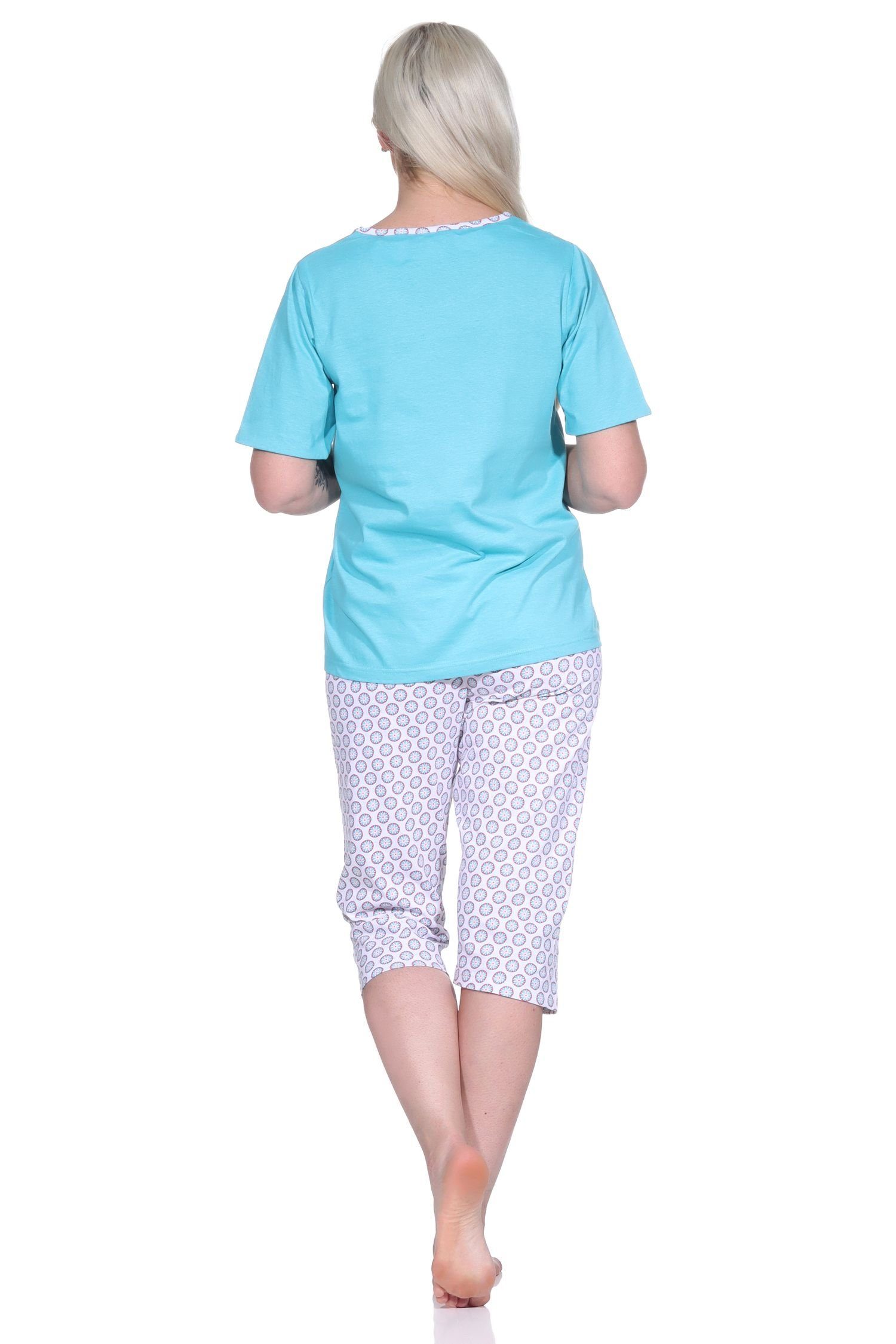 Normann Pyjama Damen mit Pyjama und türkis Capri, Caprihose Schlafanzug Blümchen-Muster
