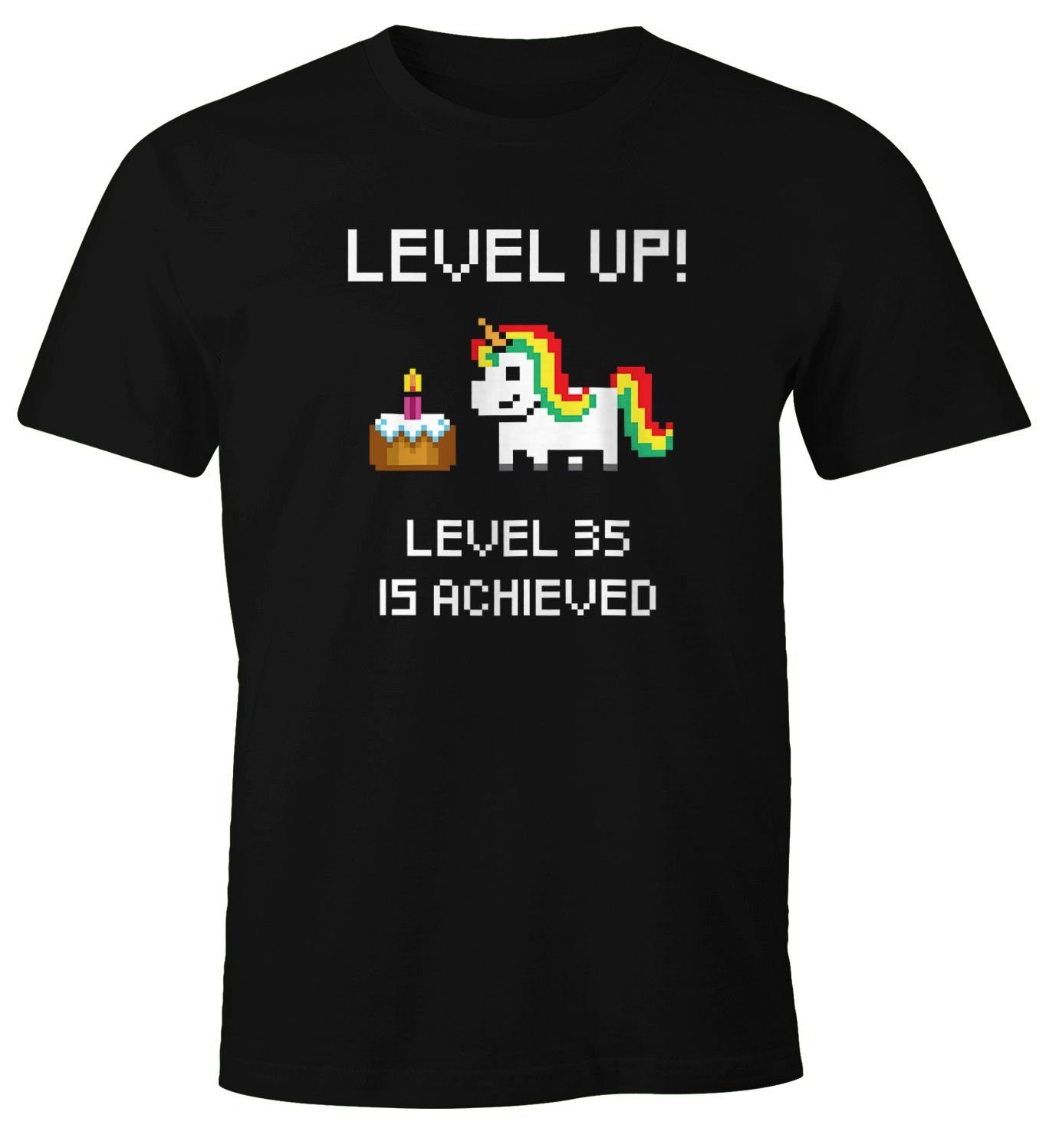 Herren mit Arcade Print 35 Moonworks® Print-Shirt Level Geschenk Retro Fun-Shirt MoonWorks Geburtstag Pixelgrafik Gamer Pixel-Einhorn schwarz Torte Up T-Shirt