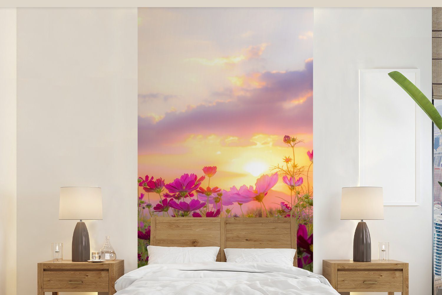 MuchoWow Fototapete Blumen - Rosa - Sonnenuntergang - Natur - Wiese - Horizont, Matt, bedruckt, (2 St), Vliestapete für Wohnzimmer Schlafzimmer Küche, Fototapete
