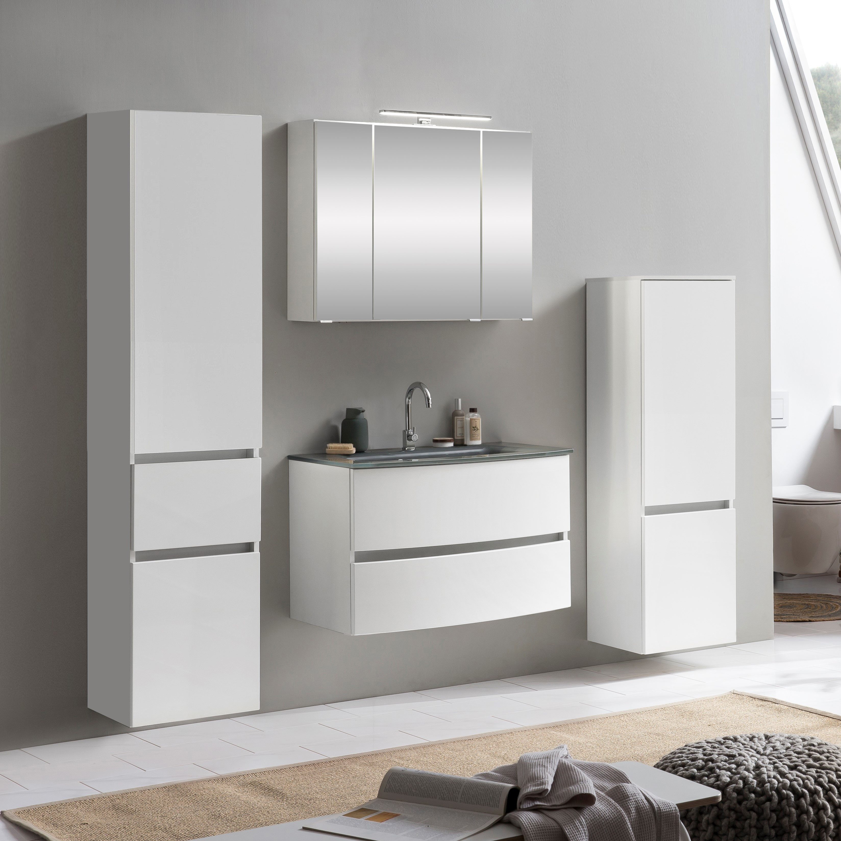 Basera® Badmöbel-Set Basera® Jolanda, weiß, inkl. LED-Spiegelschrank, Hochschrank, Midischrank und Was...