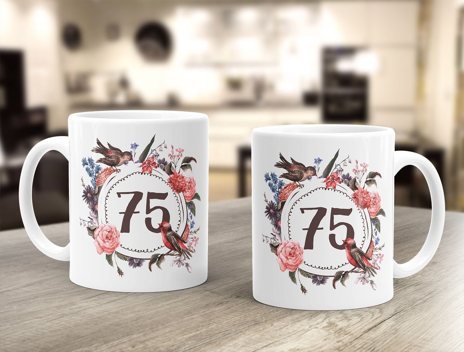 Kaffee-Tasse Geschenk-Tasse [object Object]_ausgeschrieben} 75 MoonWorks Keramik MoonWorks®, {[object Object] weiß Tasse Geburtstags-Tasse Blumenkranz Blüten Blumen