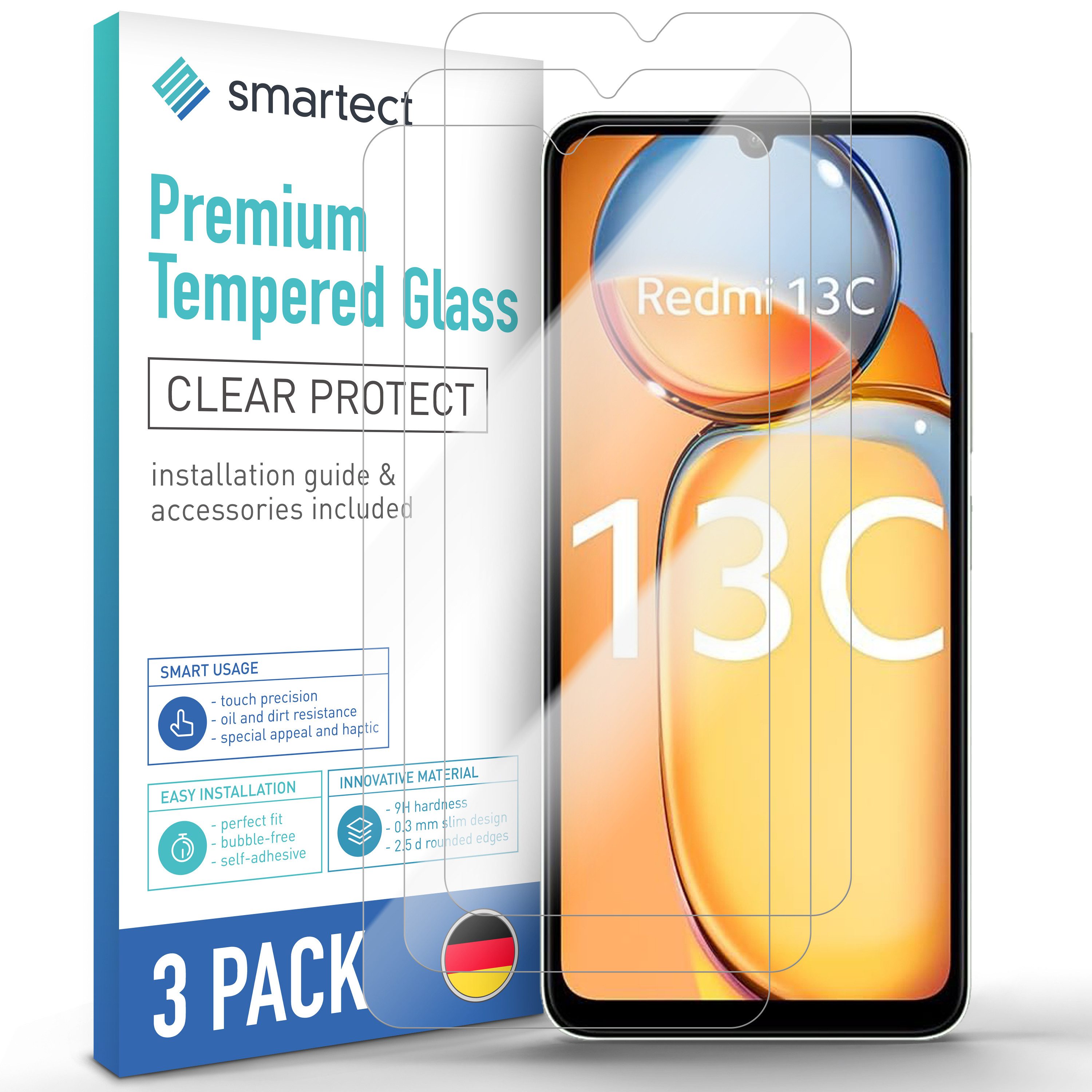 smartect Displayschutzglas Schutzglas Panzerfolie Klar für Xiaomi Redmi 13c / Poco C65, Set, 3 Stück, Schutzfolie Glasschutz Bildschirm