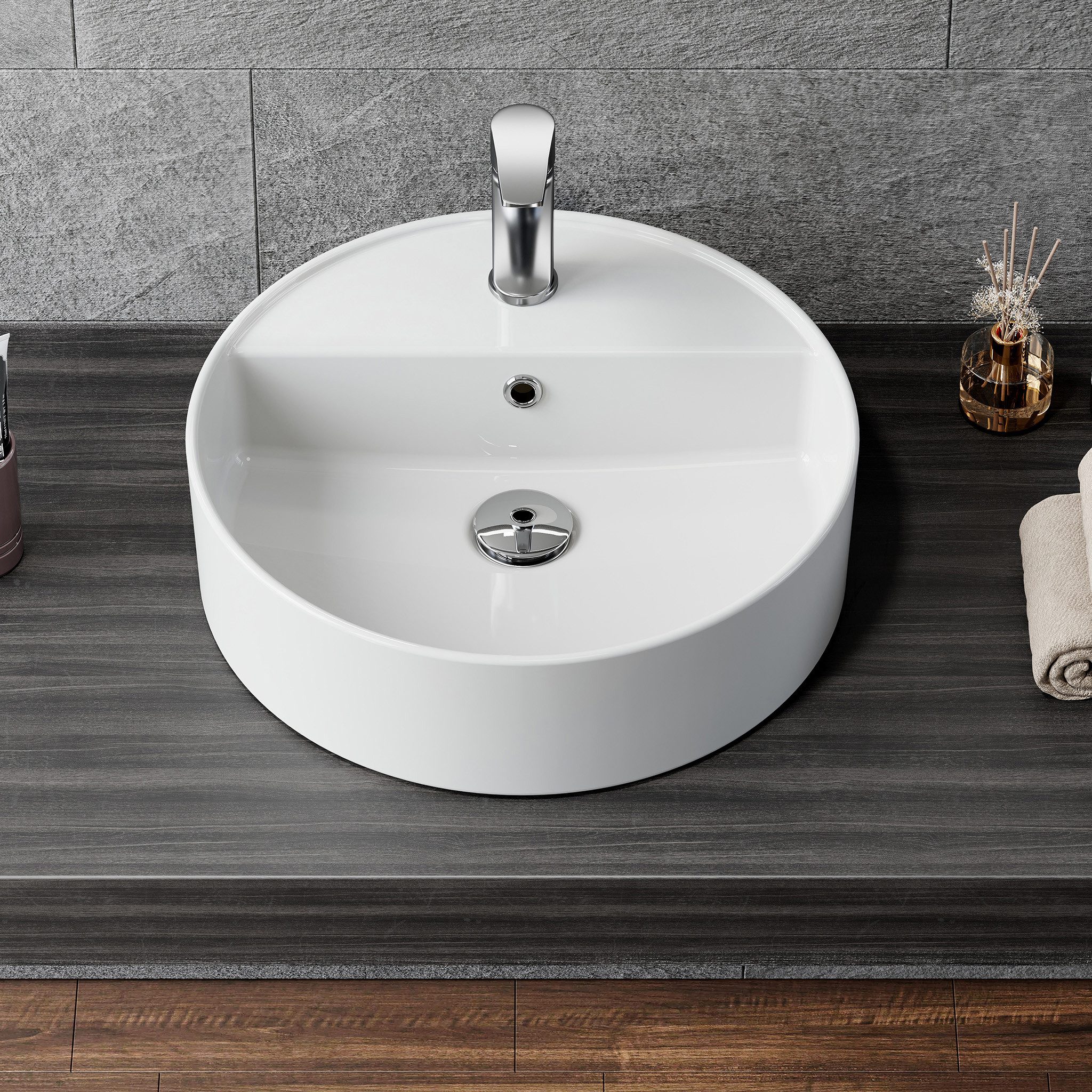 HOROW Waschbecken Aufsatzwaschbecken Oval Rund Waschtisch Wandmontage Glänzend weiß (für Badezimmer Gäste-WC , 590 × 410 × 145 mm, mit Hahnloch und Überlauf)