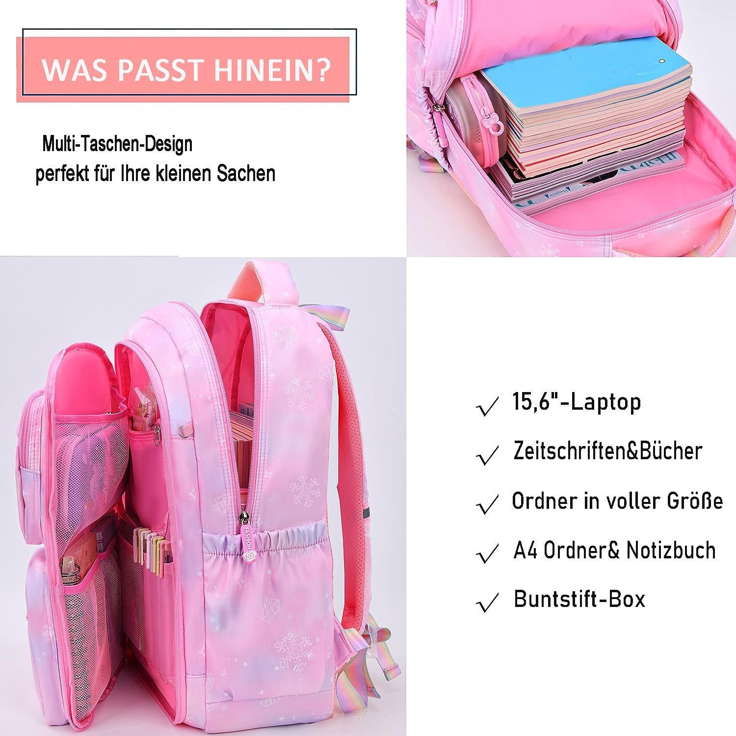 Forrlite Schulrucksack Kinderrucksack Mädchen, Schulranzen mit Großer Kapazität (Schulränzen Madchen 1-6. klasse, Leichte und Wasserdichte Nylon Schultasche), für Kinder Schule oder Reisen