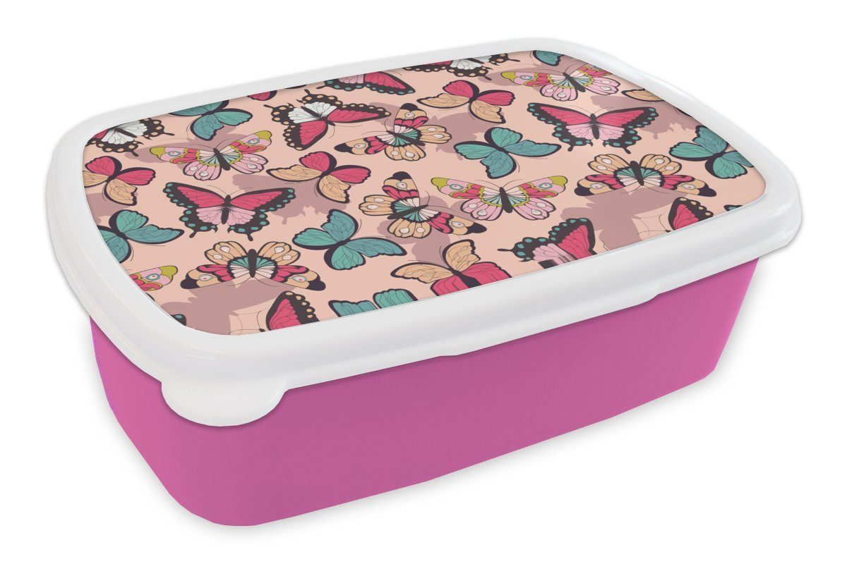 MuchoWow Lunchbox Schmetterling - Rosa - Blau - Design, Kunststoff, (2-tlg), Brotbox für Erwachsene, Brotdose Kinder, Snackbox, Mädchen, Kunststoff