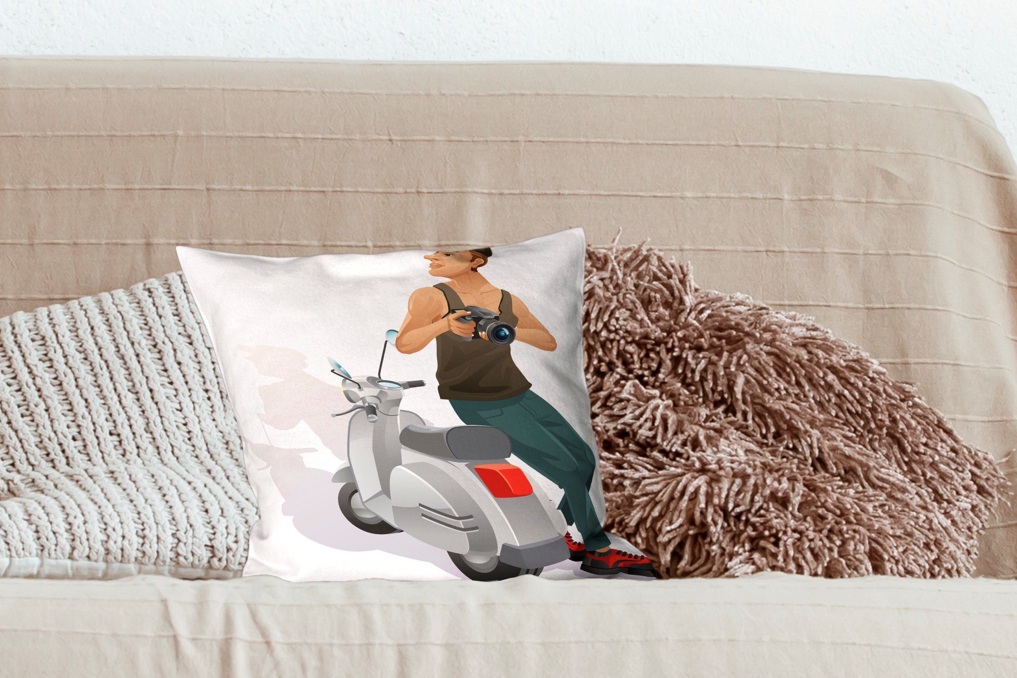 MuchoWow Dekokissen Illustration von einer Füllung Schlafzimmer, mit Kamera Vespa-Roller, mit Deko, einem Wohzimmer, Sofakissen jemandem Zierkissen und für