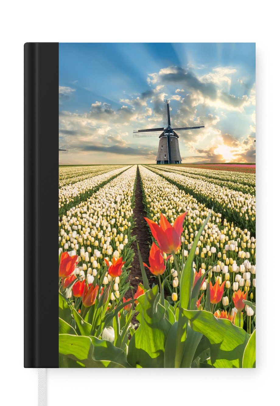 MuchoWow Notizbuch Windmühle - Tulpen - Himmel - Natur, Journal, Merkzettel, Tagebuch, Notizheft, A5, 98 Seiten, Haushaltsbuch