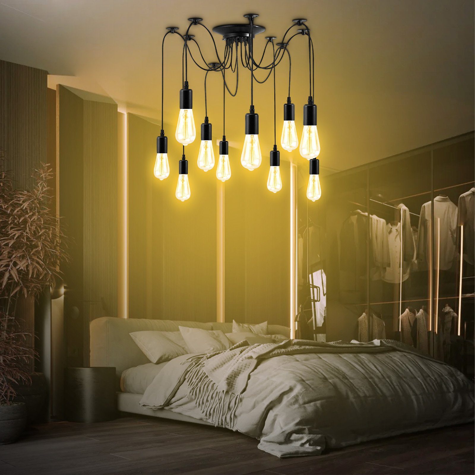 Rosnek LED Pendelleuchte 4/6/8/10-Köpfe, E27, Vintage, für Schlafzimmer Wohnzimmer Deko, DIY Spider-Deckenleuchte
