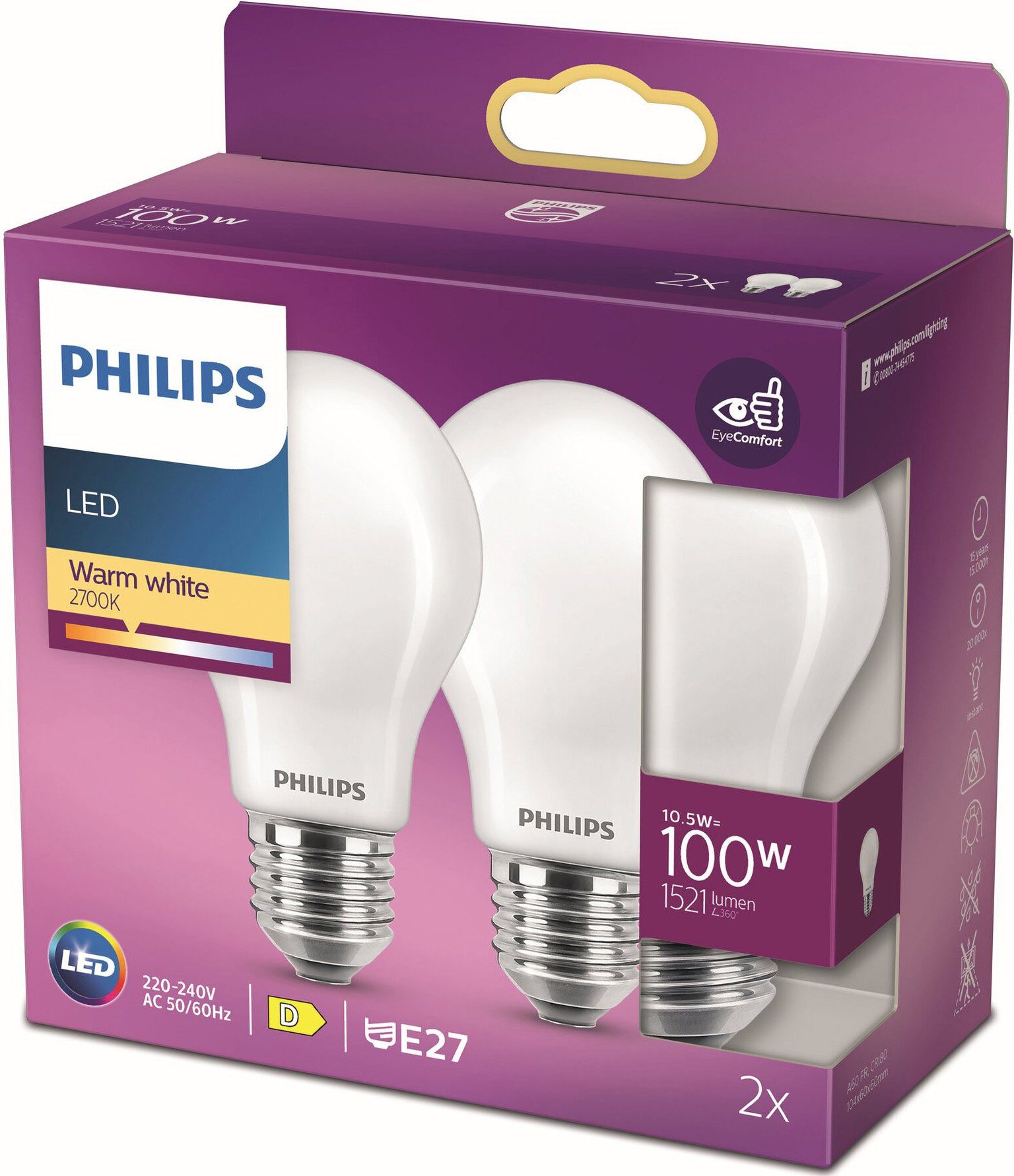 Philips LED-Leuchtmittel Classic Lampe, matt 2erPack Warmw Warmweiß, 100W E27 E27, 1521lm LED