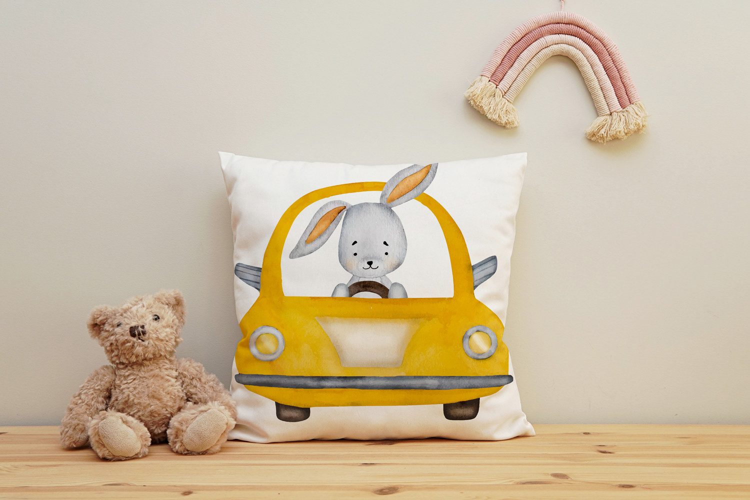 queence Dekokissen Hase im Taxi, Kissenhülle mit HD Premium Druck, geruchsneutral, 40x40cm
